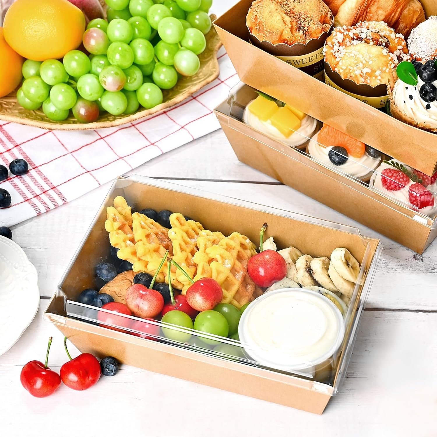 Cajas de charcutería de papel desechables de 8 x 6 pulgadas con tapa transparente, 20 unidades, para personalizar con logo, ideales para pasteles, cupcakes, sándwiches y bombas de cacao, proveedor confiable.