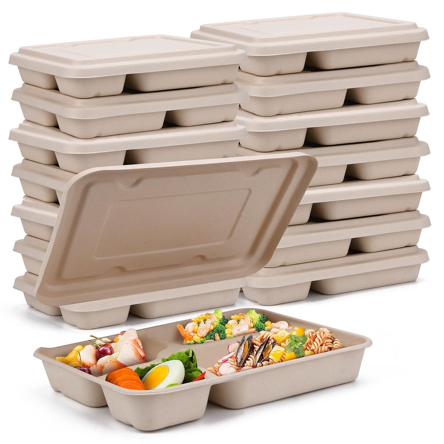 Contenedores de comida para llevar 11"x8.7" con tapa, caja desechable de 4 compartimentos, 25 unidades, a prueba de fugas y aptos para microondas, marca blanca de Fábrica. Logo personalizado disponible.
