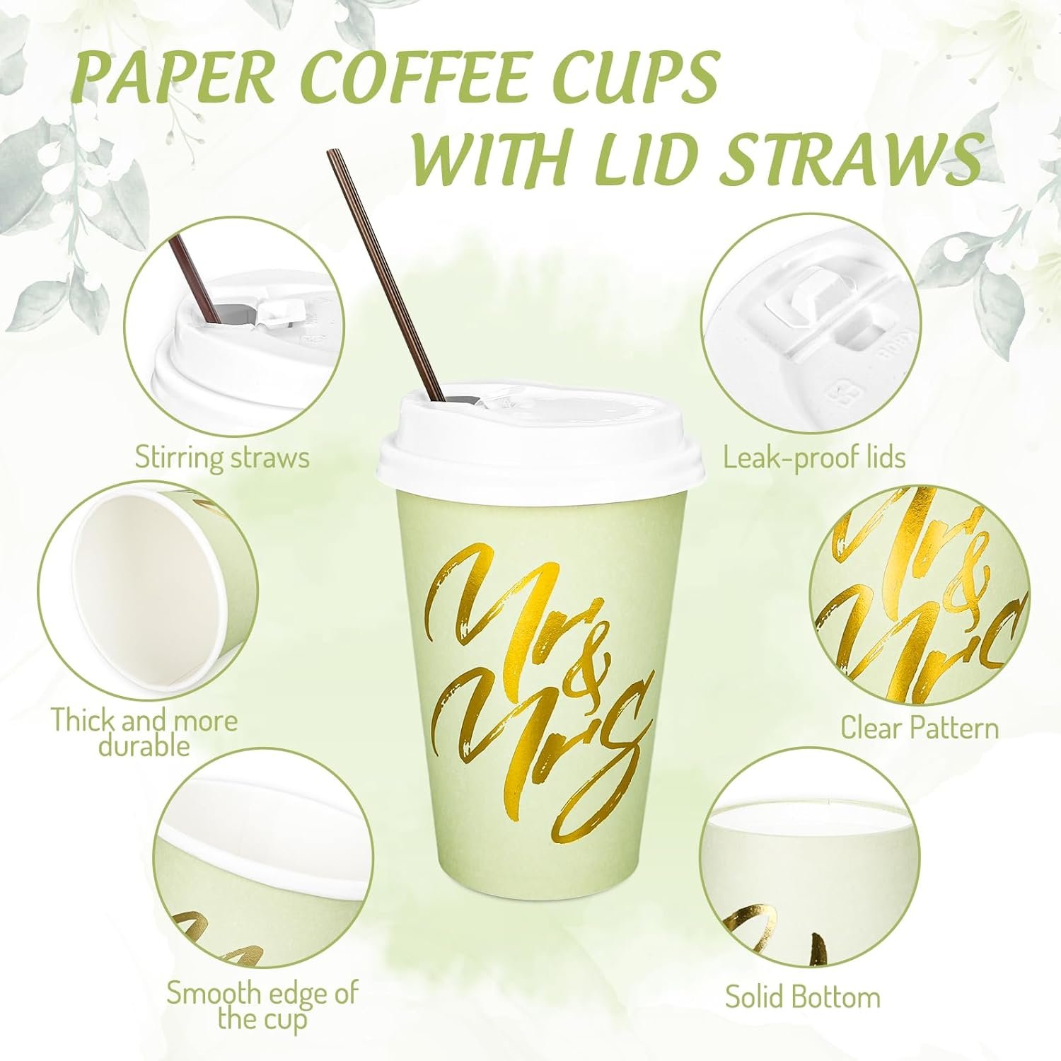 Logo Personalizado Tazas de Café Desechables de 12oz en Verde Salvia con Tapa y Popotes, Foil Dorado para Bodas, Aniversarios, Día de San Valentín y Ducha de Novias, Proveedor de Productos de Fiesta.