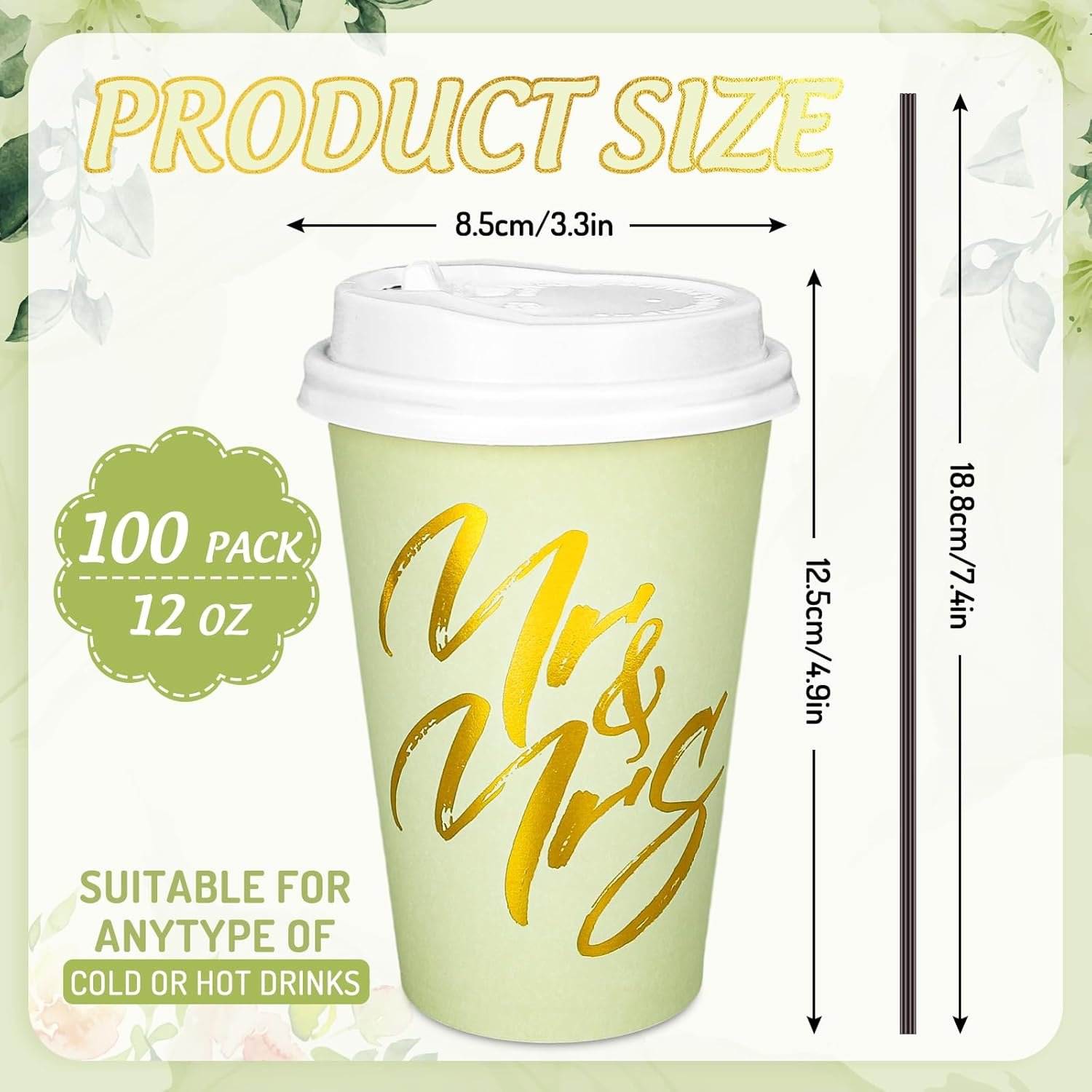 Logo Personalizado Tazas de Café Desechables de 12oz en Verde Salvia con Tapa y Popotes, Foil Dorado para Bodas, Aniversarios, Día de San Valentín y Ducha de Novias, Proveedor de Productos de Fiesta.