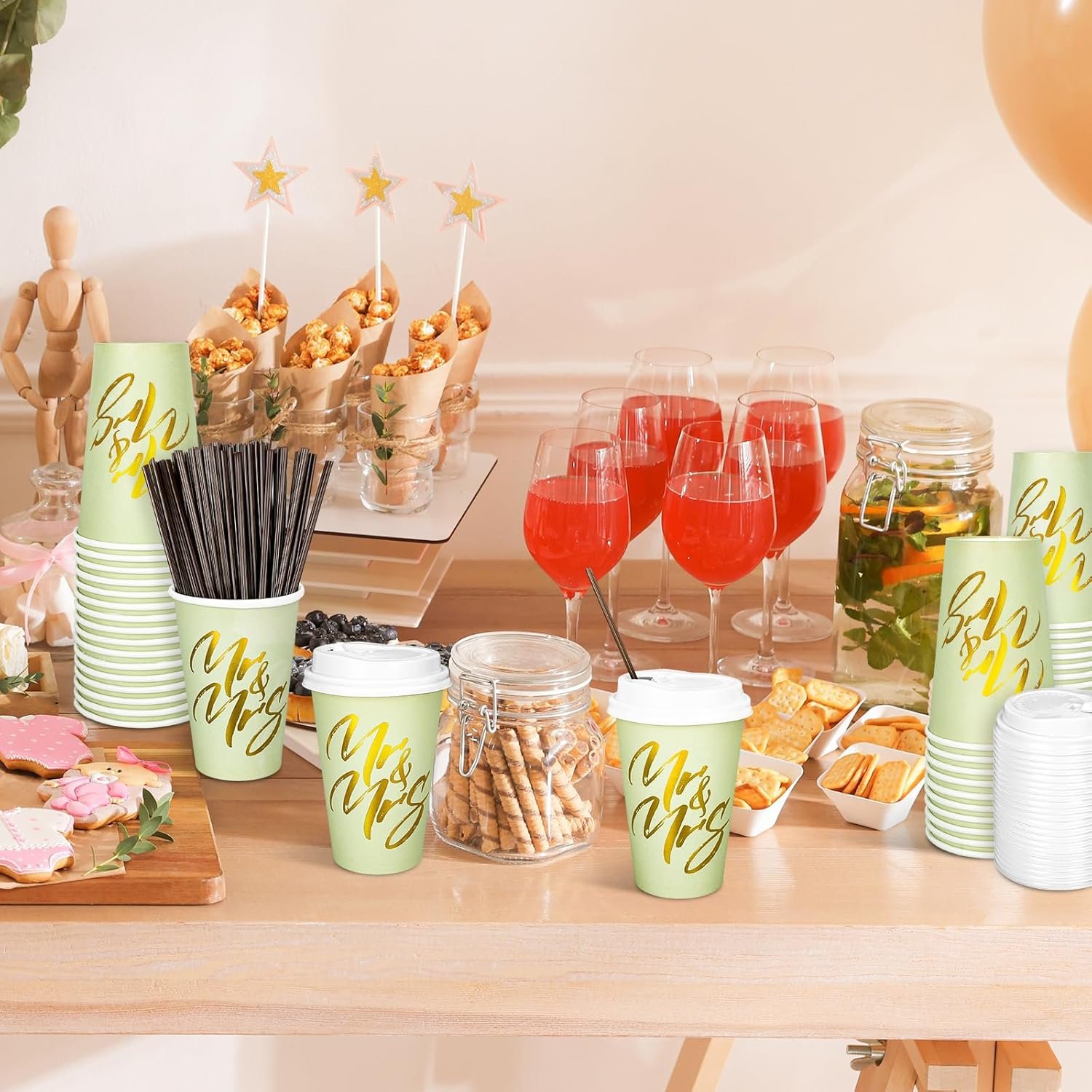 Logo Personalizado Tazas de Café Desechables de 12oz en Verde Salvia con Tapa y Popotes, Foil Dorado para Bodas, Aniversarios, Día de San Valentín y Ducha de Novias, Proveedor de Productos de Fiesta.