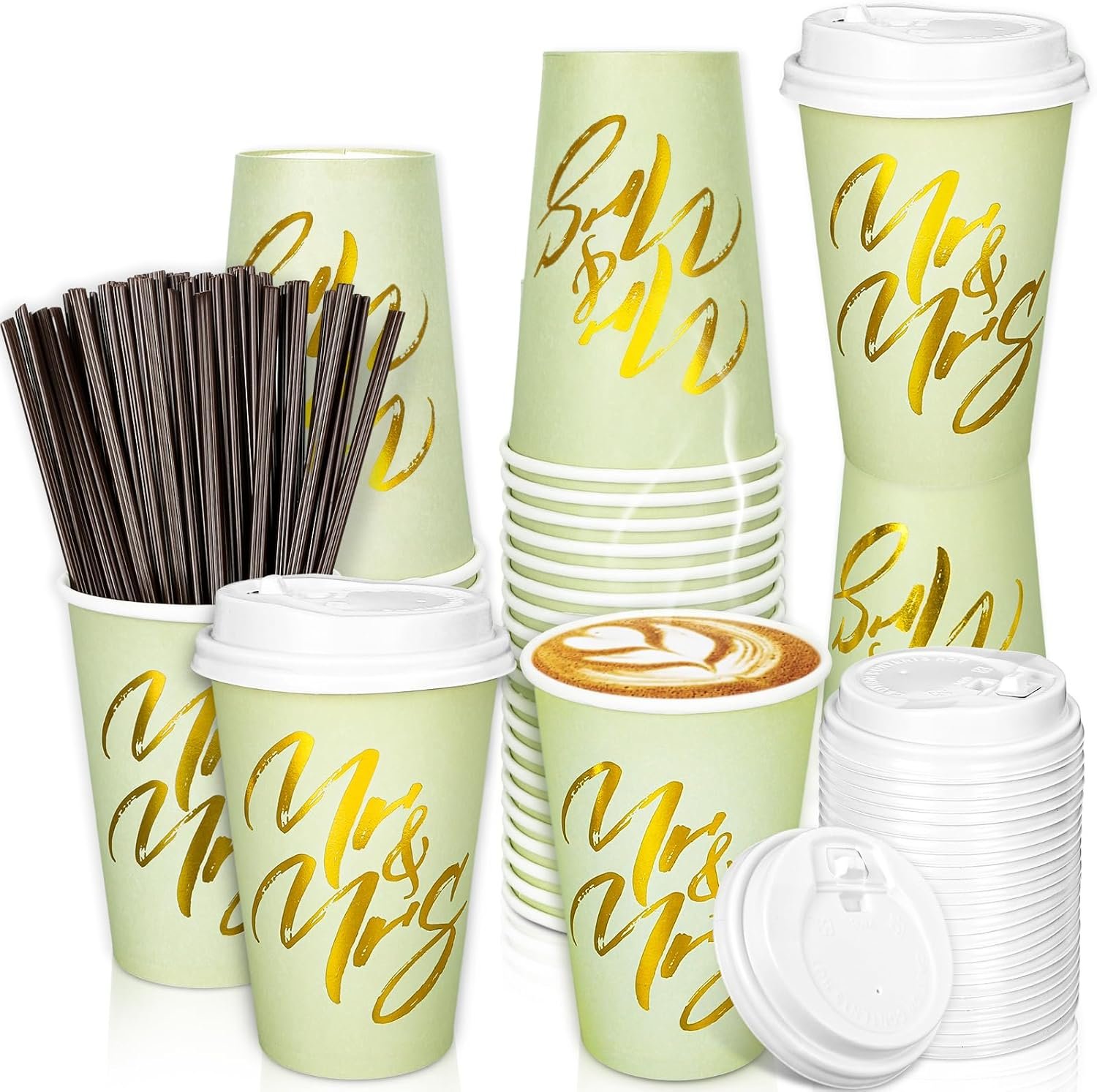 Logo Personalizado Tazas de Café Desechables de 12oz en Verde Salvia con Tapa y Popotes, Foil Dorado para Bodas, Aniversarios, Día de San Valentín y Ducha de Novias, Proveedor de Productos de Fiesta.