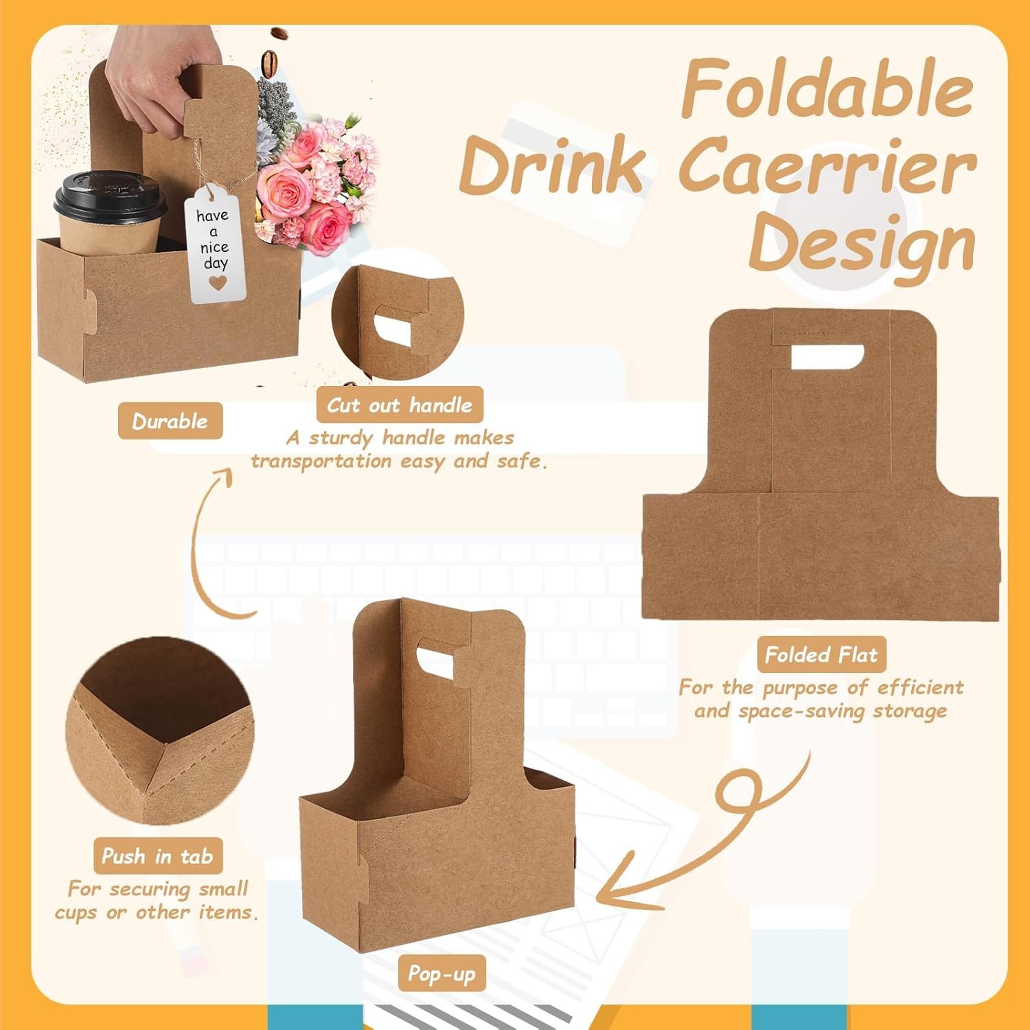 Logo Personalizado Soporte de Bebidas Desechable de Cartón de 2 Tazas con Asa, Portátil para Bebidas Calientes y Frías, Ideal para Servicios de Entrega de Alimentos, Marca Blanca para Apreciación de Maestros y Día de la Madre, Proveedor de Calidad.