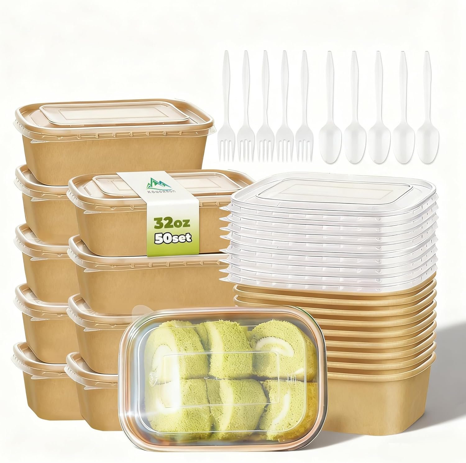 Logo Personalizado 50 Pack Tazones de Papel Grandes de 32 OZ con Tapa y Utensilios, Envases Desechables de Preparación de Comidas Resistentes para Fiestas, Tazones Desechables a Granel, a Prueba de Humedad y Aceptables para Microondas, Ideal para Uso Caliente y Frío, Proveedor.