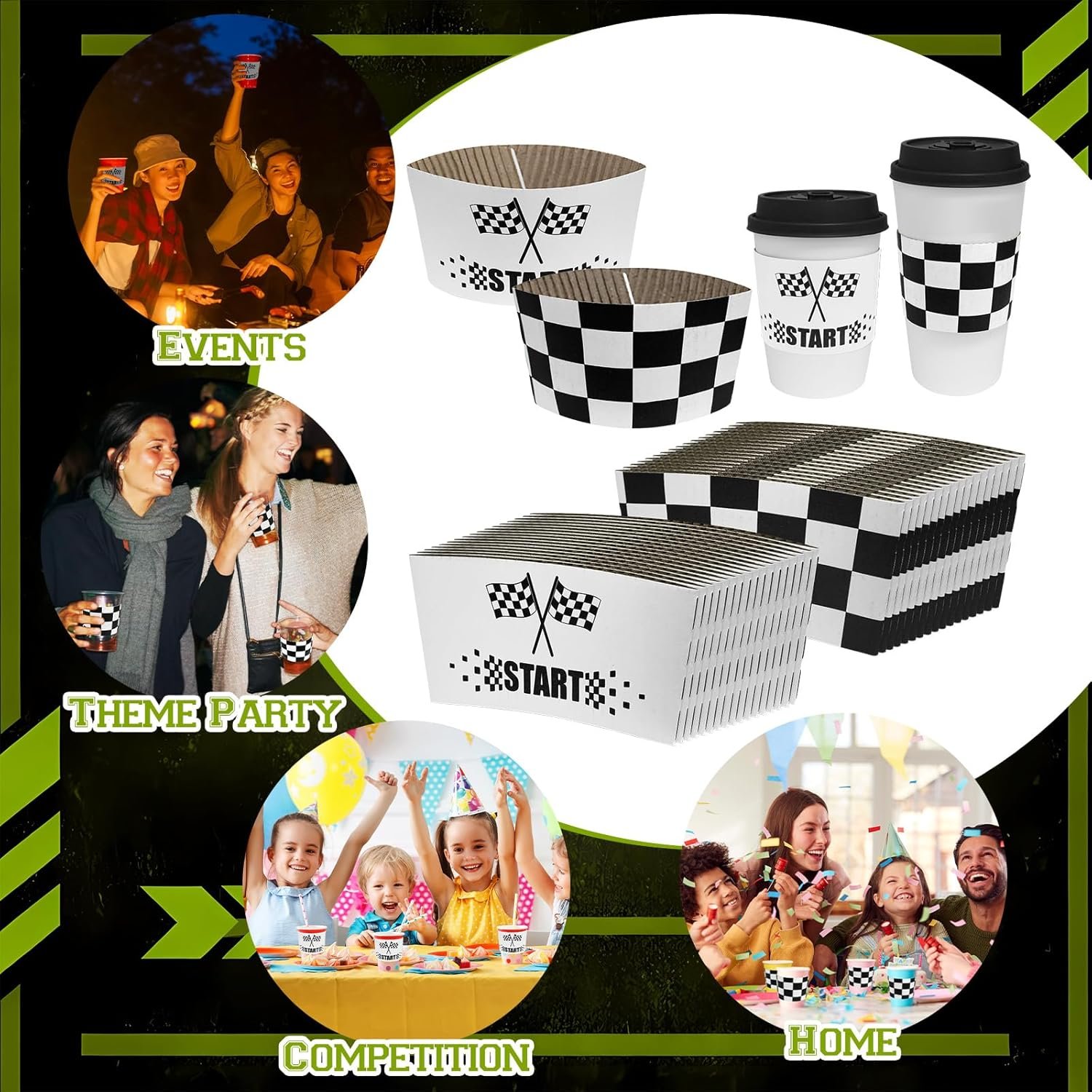 Sleeves de café desechables a cuadros para fiesta de carreras con logo personalizado, 50 unidades, protección aislante para bebidas calientes de 8-24 oz, fabricados por un proveedor.