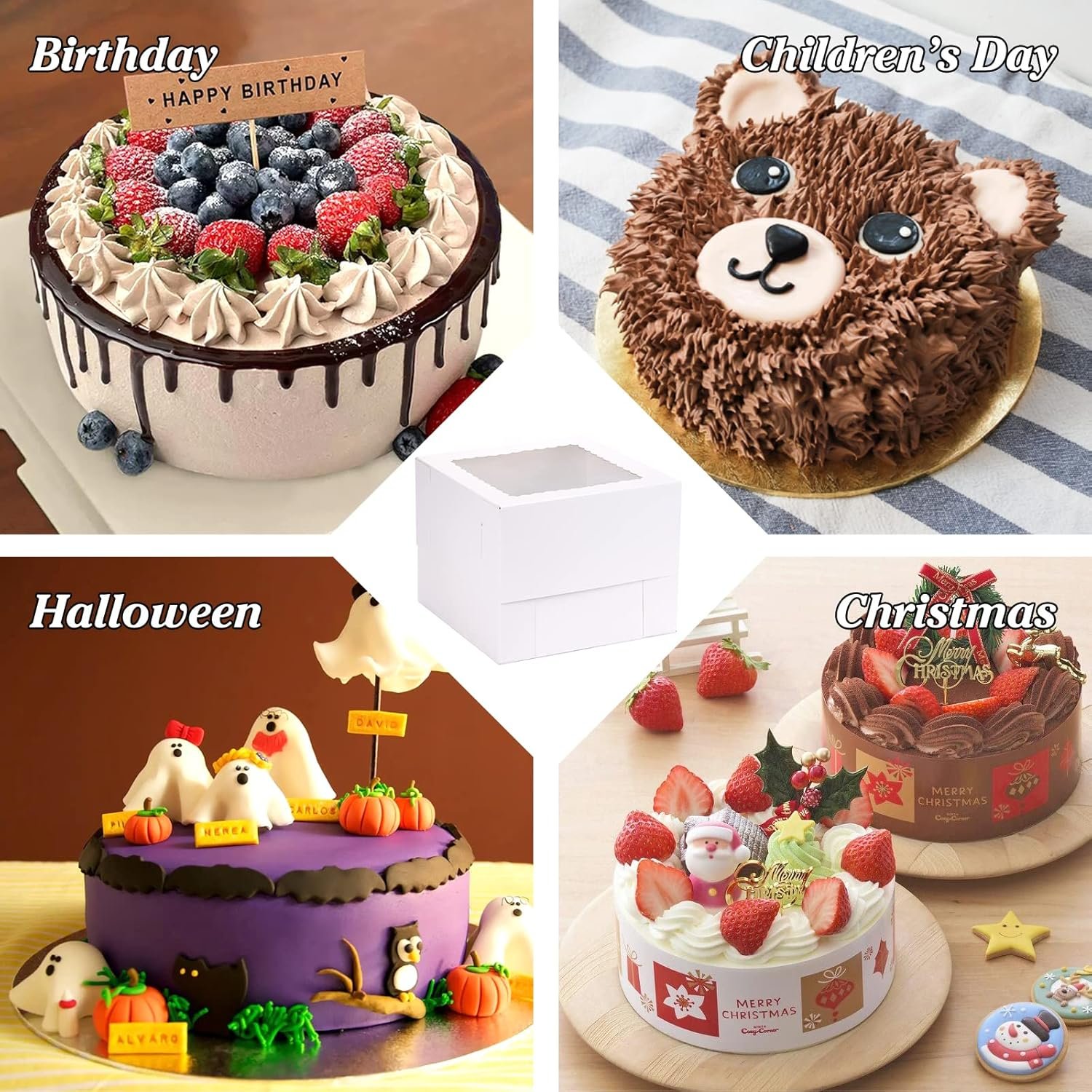 Cajas Pasteles con Logo Personalizado, 15 Sets de Cajas para Pasteles Altas 10x10x8 Pulgadas con Tableros de Pastel, Portacakes Blancas con Ventana, Marca Blanca, Proveedor de Materiales de Repostería.
