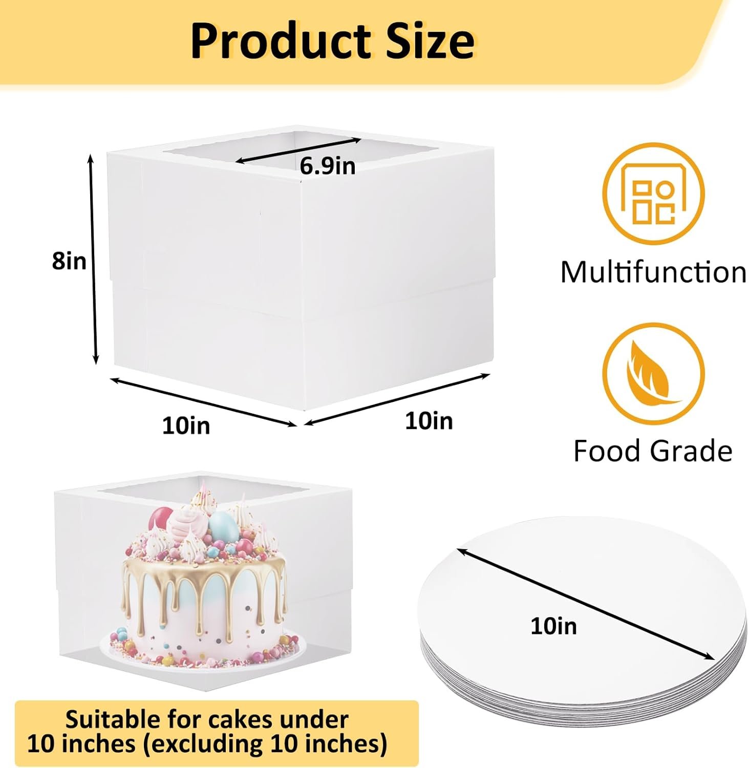 Cajas Pasteles con Logo Personalizado, 15 Sets de Cajas para Pasteles Altas 10x10x8 Pulgadas con Tableros de Pastel, Portacakes Blancas con Ventana, Marca Blanca, Proveedor de Materiales de Repostería.