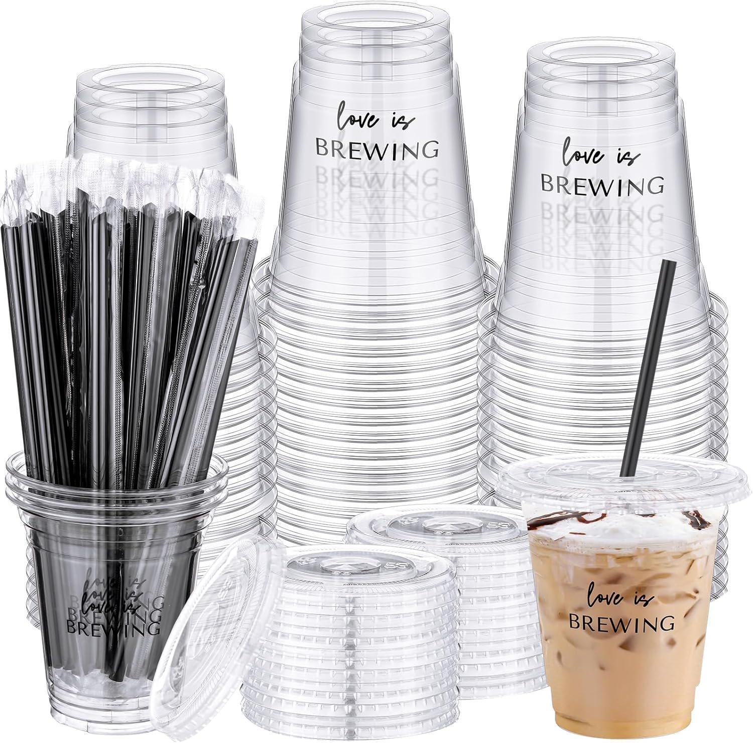 Logo Personalizado 50 Vasos de Plástico Desechables para Boda "Love Is Brewing" Tazas de Café Helado con Tapa y Popote, Suministros para Fiesta de Compromiso, Marca Blanca de Proveedor.