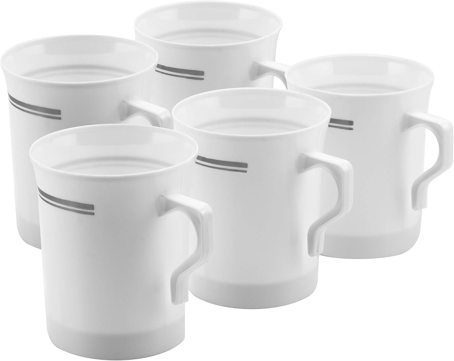 Tazas desechables blancas de plástico de 8 oz con acabado plateado y asas | Personaliza con tu logo en este paquete de 50. Ideal para café, té, capuchino y espresso, directo de la fábrica.