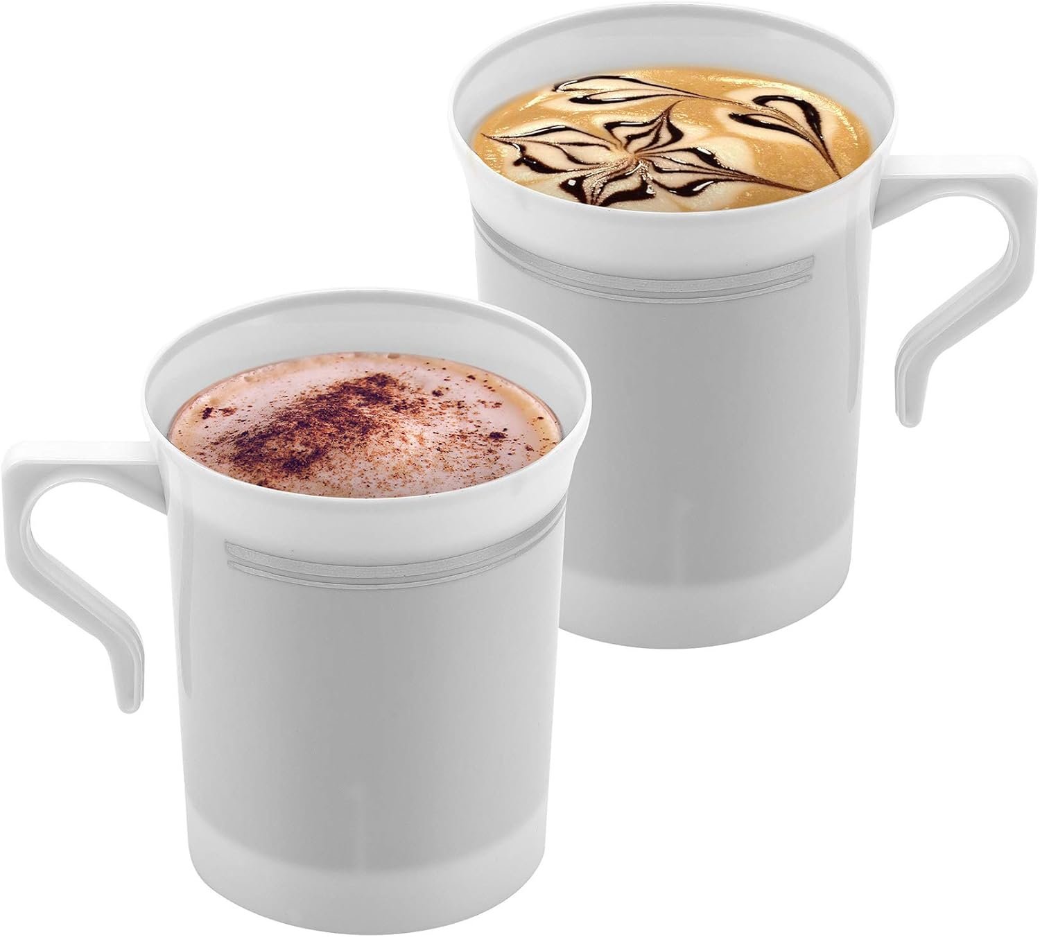 Tazas desechables blancas de plástico de 8 oz con acabado plateado y asas | Personaliza con tu logo en este paquete de 50. Ideal para café, té, capuchino y espresso, directo de la fábrica.