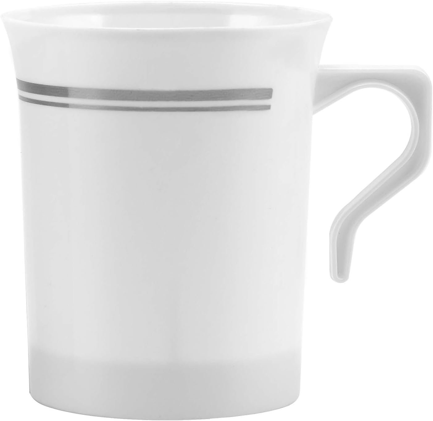 Tazas desechables blancas de plástico de 8 oz con acabado plateado y asas | Personaliza con tu logo en este paquete de 50. Ideal para café, té, capuchino y espresso, directo de la fábrica.