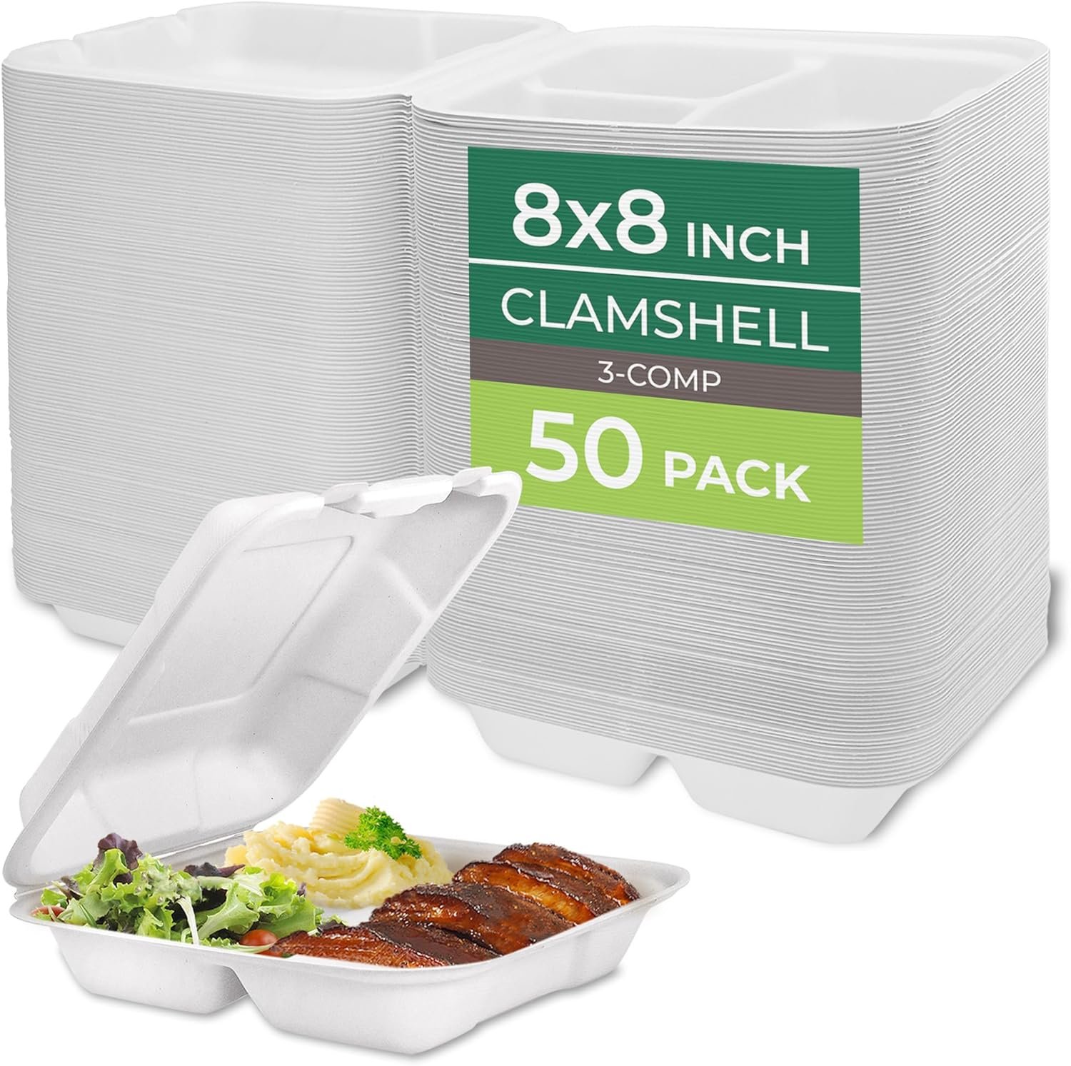 Contenedores de comida desechables 3 compartimentos con tapa [8x8"] 50 unidades, biodegradables de caña de azúcar, cajas para llevar, apilables, aptos para microondas y congelador, Marca Blanca, personalizados por nuestro Proveedor.