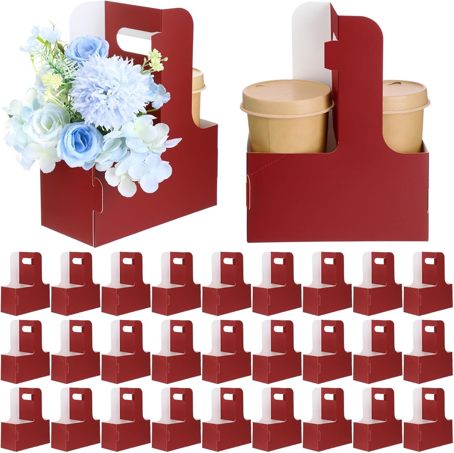 Logo Personalizado portacopas desechables de 2 tazas con asas para llevar café ideal para restaurantes y entregas de comida en color rojo oscuro fabricado por nuestro proveedor.