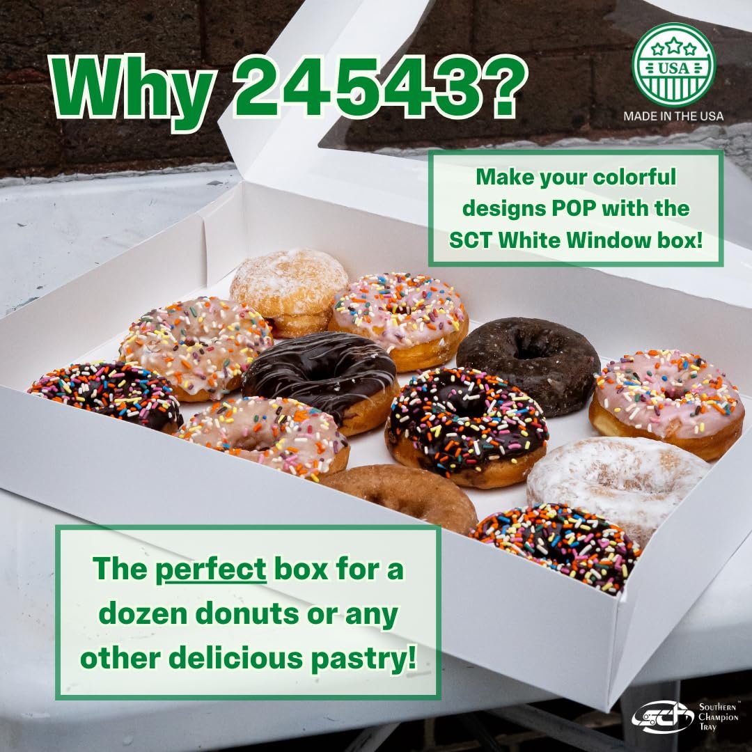 Caja de Panadería Blanca con Ventana, 100 Unidades, 16x12x2.5, Contenedores Auto Pop-Up para Pasteles, Tazón de Galletas con Ventana, Logo Personalizado, Ideal para Donas, Proveedor de Envases Desechables.