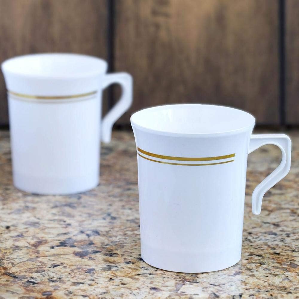 Tazas de café desechables de plástico blanco de 8 oz con trim dorado y asa | Marca blanca con logo personalizado, ideal para té, capuchino, espresso (paquete de 50) de Fábrica.