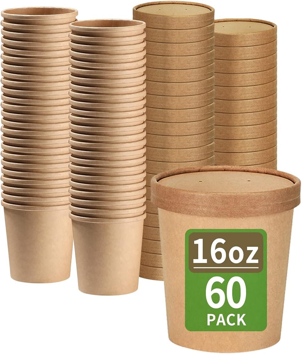 Contenedores de comida de papel de 16 oz con tapas, 60 unidades, personalización de logo, ideales para helados y sopas, soluciones de marca blanca de fábrica.