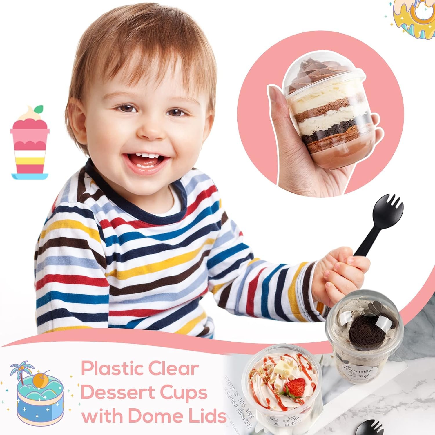 Logo Personalizado 50 Pack de Vasos Plásticos Transparentes de 12 OZ con Tapas Dome y Sporks Sin Hueco, Vasos Desechables para Postres, Cupcakes, Parfaits, Puddings, Bebidas Frías, Snacks, Frutas y Helados de Marca Blanca, Proveedor Fiel.