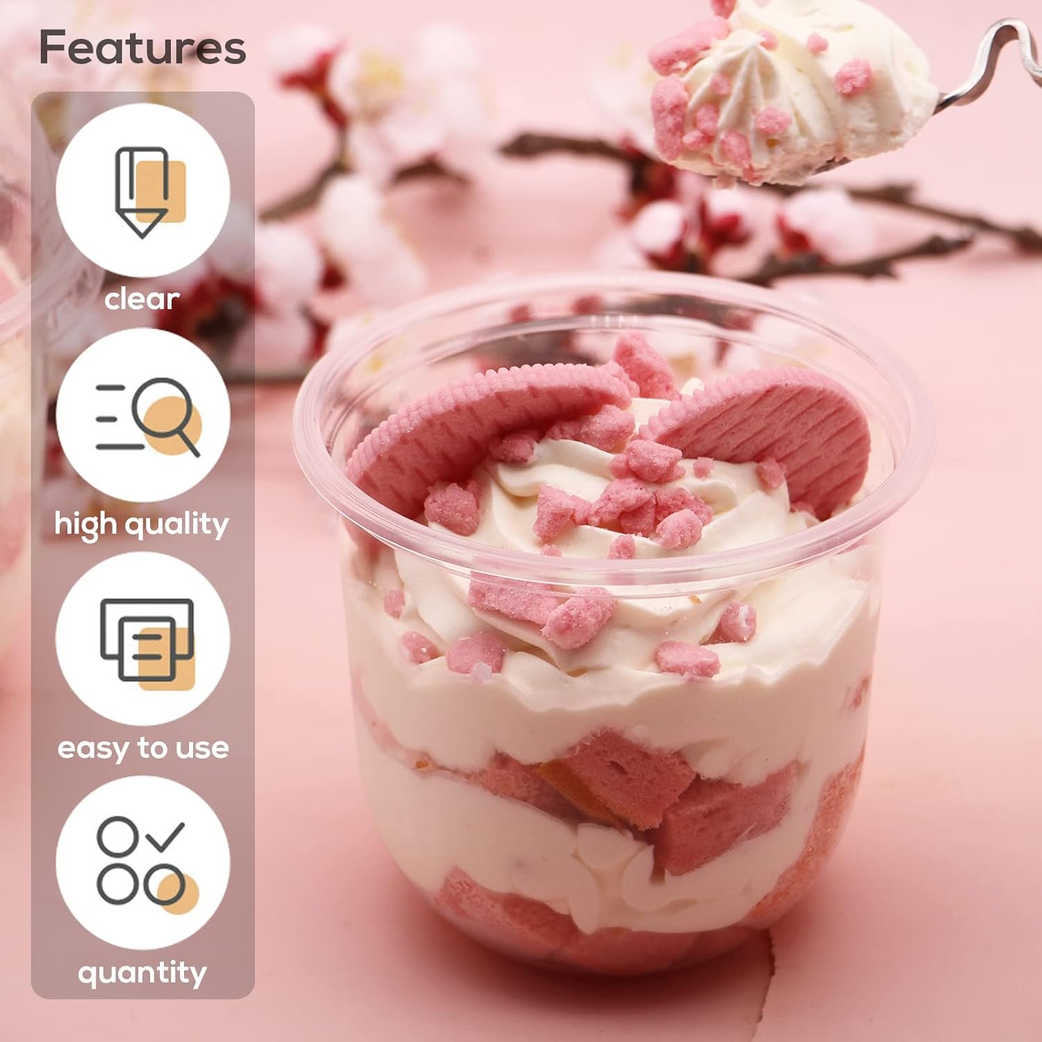 Logo Personalizado 50 Pack de Vasos Plásticos Transparentes de 12 OZ con Tapas Dome y Sporks Sin Hueco, Vasos Desechables para Postres, Cupcakes, Parfaits, Puddings, Bebidas Frías, Snacks, Frutas y Helados de Marca Blanca, Proveedor Fiel.