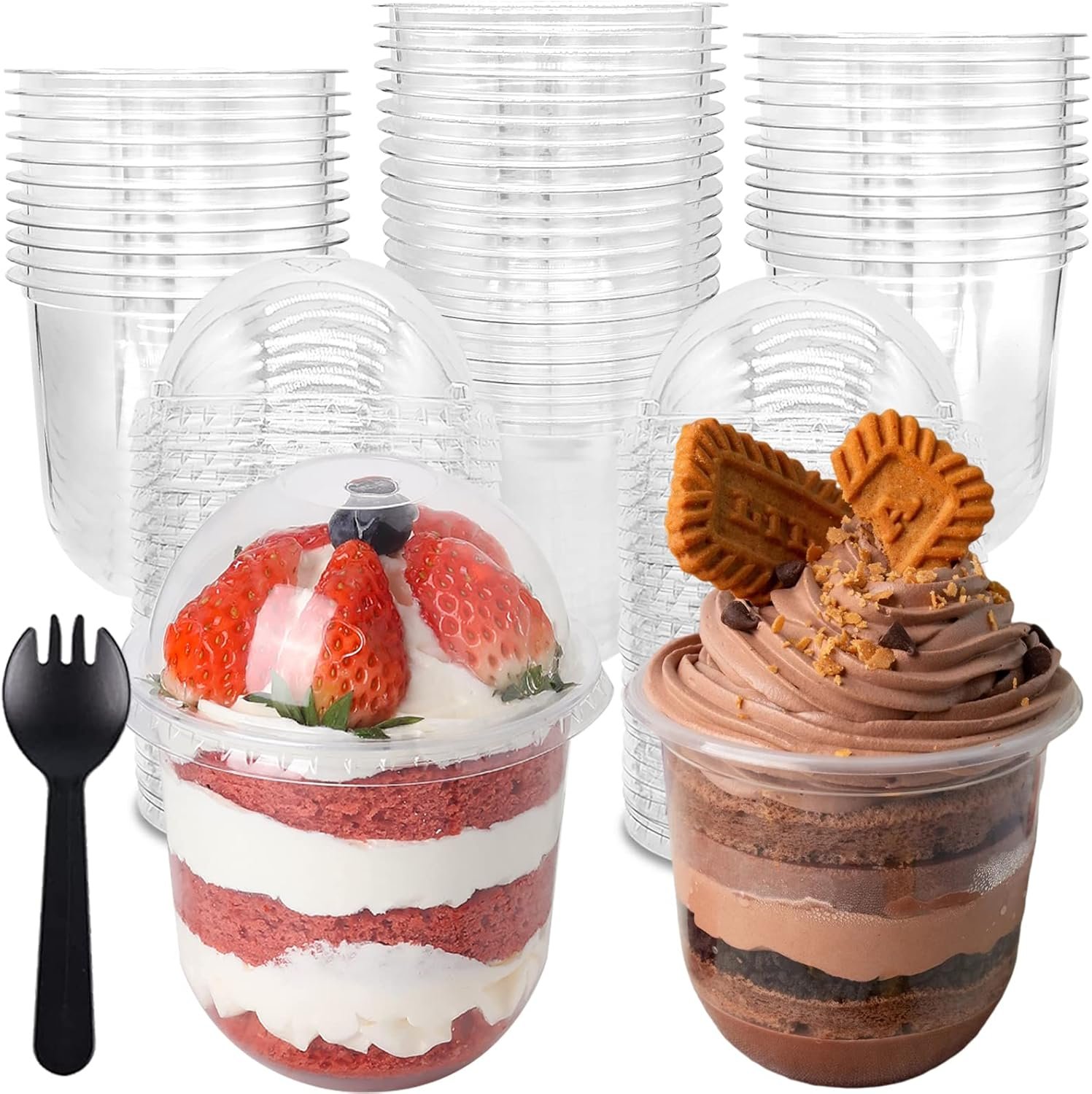 Logo Personalizado 50 Pack de Vasos Plásticos Transparentes de 12 OZ con Tapas Dome y Sporks Sin Hueco, Vasos Desechables para Postres, Cupcakes, Parfaits, Puddings, Bebidas Frías, Snacks, Frutas y Helados de Marca Blanca, Proveedor Fiel.