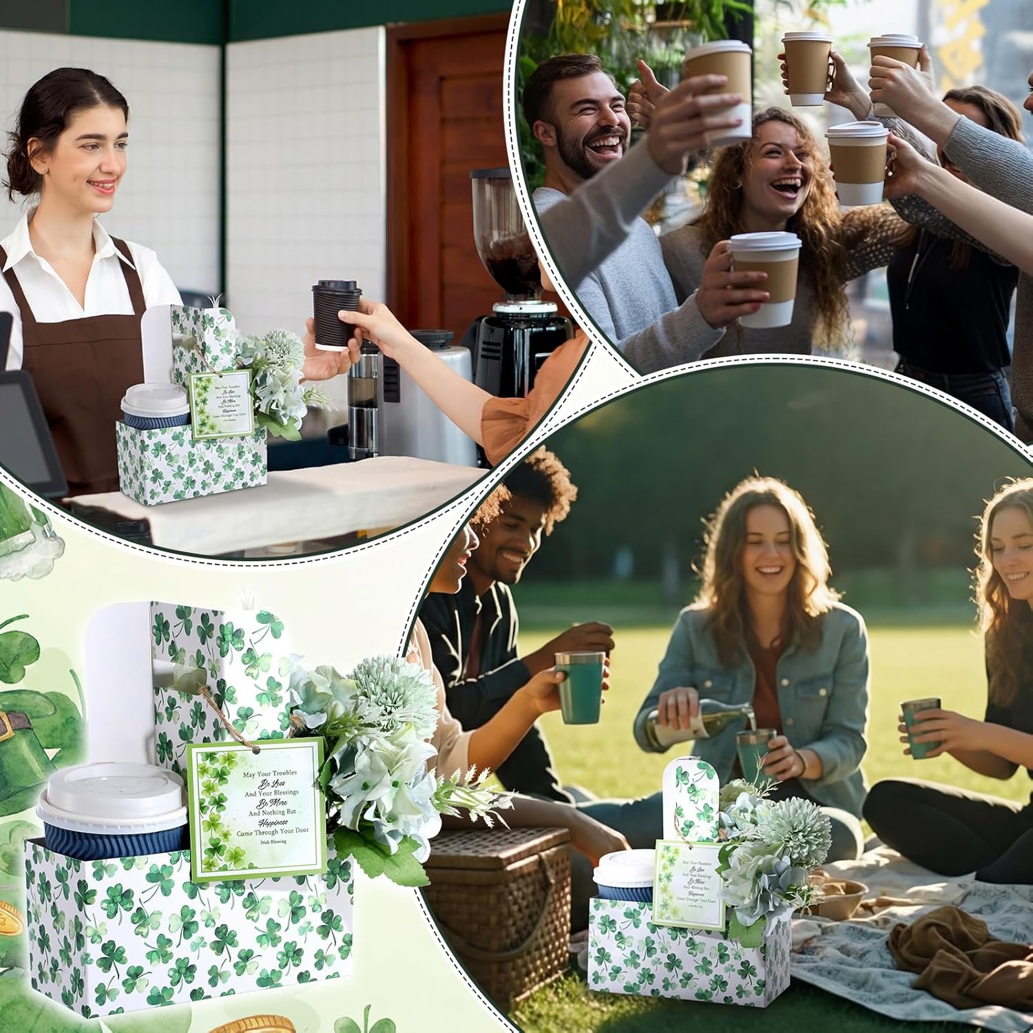 Logo Personalizado Porta Bebidas de Fiesta 12 Sets con Mango y Tarjetas de Bendición Irlandesa Descartables de Papel Kraft para Tazas de 2 a 30 oz, Ideal para Bebidas Frías y Calientes, Proveedor de Suministros para Fiestas.