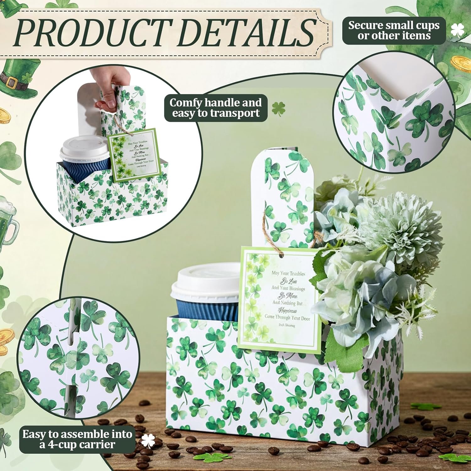 Logo Personalizado Porta Bebidas de Fiesta 12 Sets con Mango y Tarjetas de Bendición Irlandesa Descartables de Papel Kraft para Tazas de 2 a 30 oz, Ideal para Bebidas Frías y Calientes, Proveedor de Suministros para Fiestas.