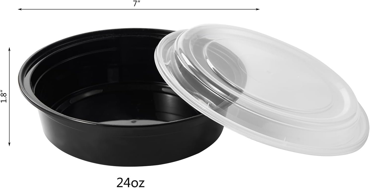Contenedores de almacenamiento de alimentos redondos desechables de 24 oz y 50 unidades con tapa, ideales para preparación de comidas, con logo personalizado, marca blanca, apilables, reutilizables, aptos para microondas y lavavajillas, fabricados por un proveedor de confianza.