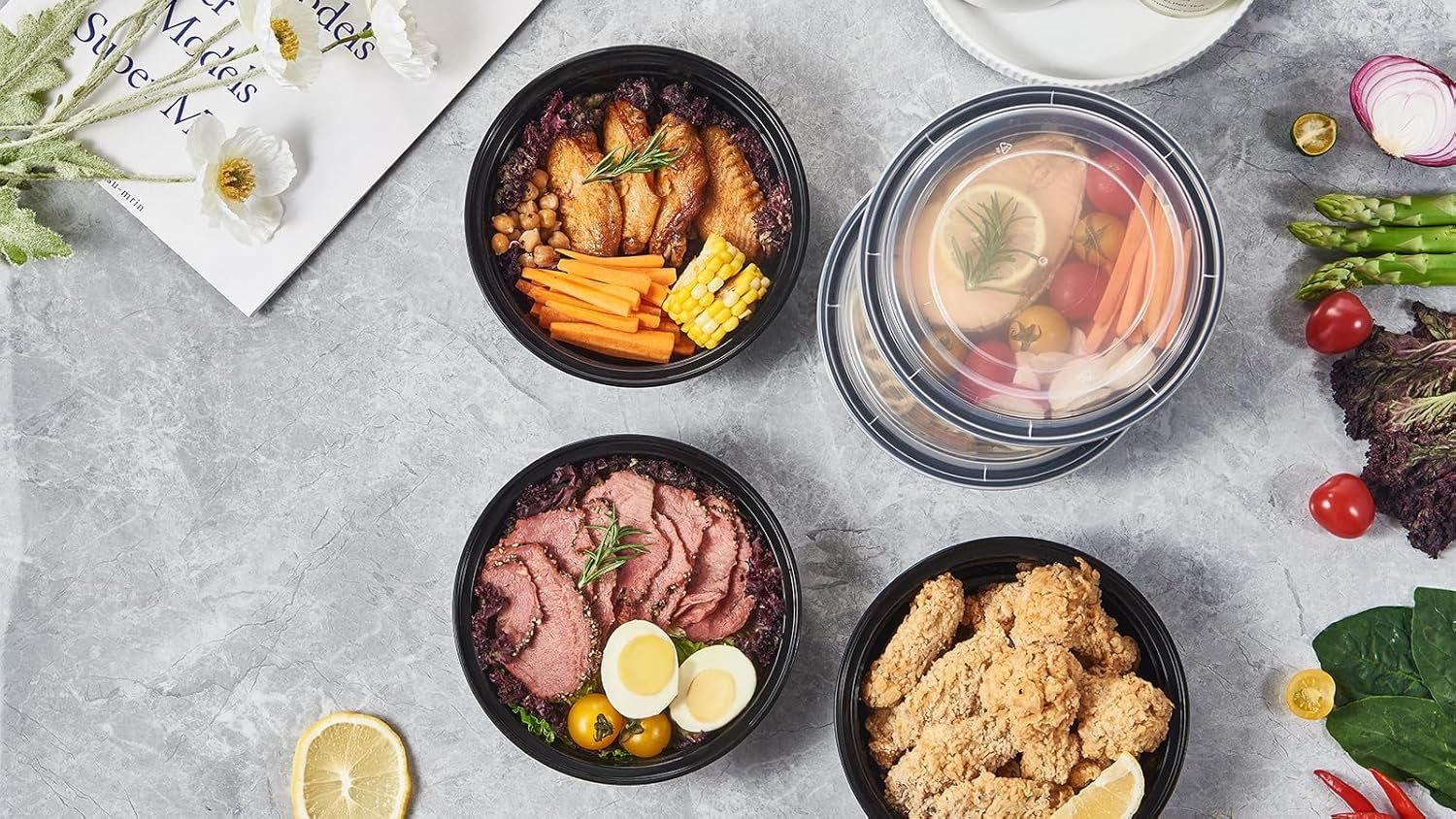 Contenedores de almacenamiento de alimentos redondos desechables de 24 oz y 50 unidades con tapa, ideales para preparación de comidas, con logo personalizado, marca blanca, apilables, reutilizables, aptos para microondas y lavavajillas, fabricados por un proveedor de confianza.