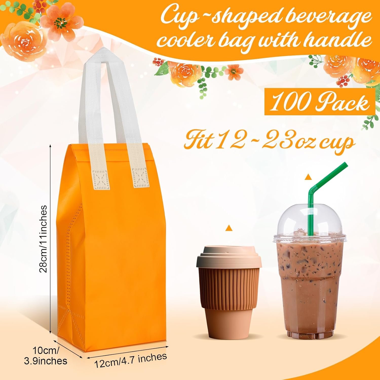 Bolsas Térmicas Desechables Personalizadas con Logo para Comida para Llevar, 100 Pcs de Marca Blanca, Proveedor de Bolsas Térmicas para Café, Leche, Té, Alimentos Fríos y Calientes, Tamaño 4.7 x 11 x 4 Pulgadas (Naranja)