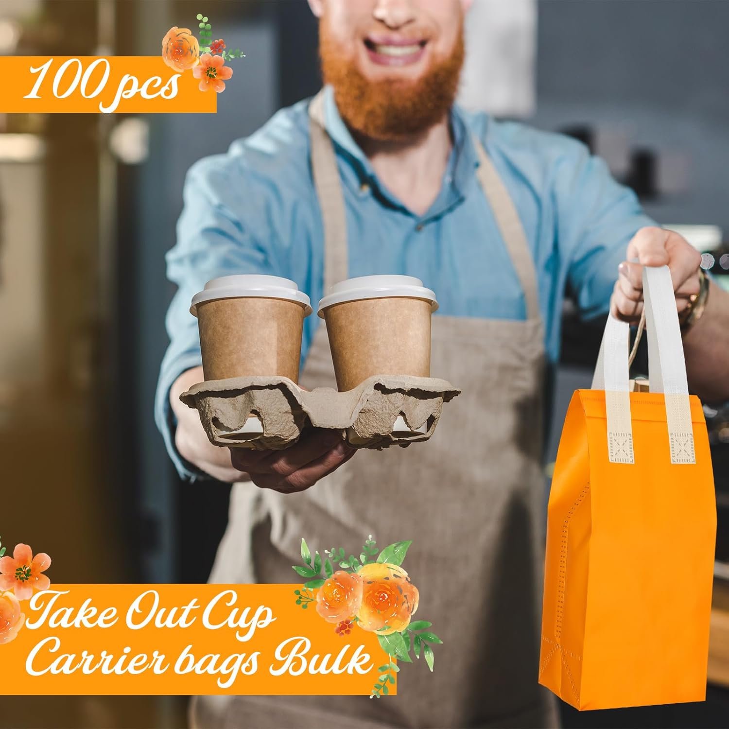Bolsas Térmicas Desechables Personalizadas con Logo para Comida para Llevar, 100 Pcs de Marca Blanca, Proveedor de Bolsas Térmicas para Café, Leche, Té, Alimentos Fríos y Calientes, Tamaño 4.7 x 11 x 4 Pulgadas (Naranja)