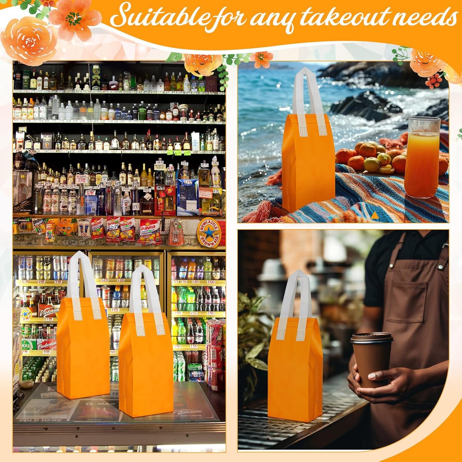 Bolsas Térmicas Desechables Personalizadas con Logo para Comida para Llevar, 100 Pcs de Marca Blanca, Proveedor de Bolsas Térmicas para Café, Leche, Té, Alimentos Fríos y Calientes, Tamaño 4.7 x 11 x 4 Pulgadas (Naranja)