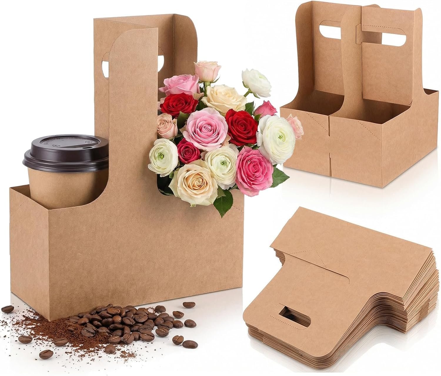 Logo Personalizado Transportador de Bebidas Desechable de 2 Tazas con Asa para Bebidas Calientes y Frías, Ideal para Entrega de Café, Comida para Llevar, Bubble Tea, Cafés y Restaurantes, Proveedor 100 Paquete.