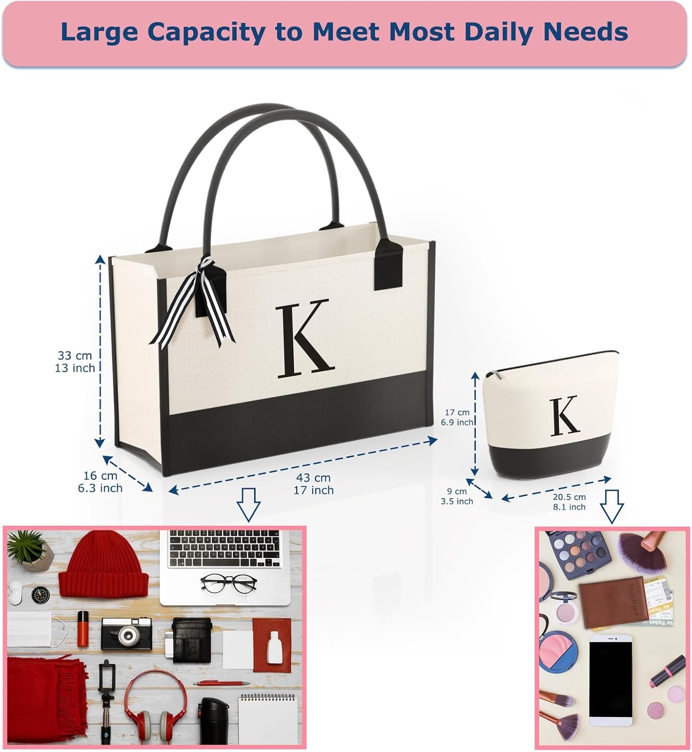 Bolsa de Lona Personalizada con Monograma y Bolsillos con Cremallera - Ideal para Regalos a Mamá, Profesores, Hermanas - Proveedor de Marca Blanca