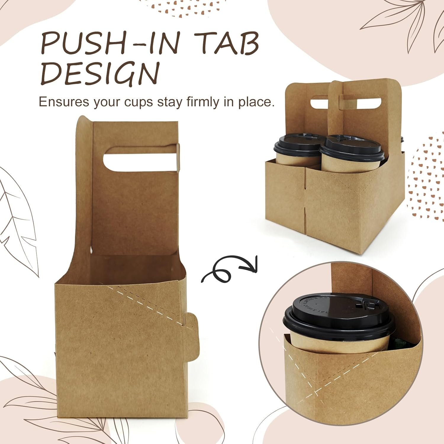 Logo Personalizado 15pcs Soporte de Cartón Desechable Plegable para 2 o 4 Tazas con Asa, Transportador de Bebidas para Cafés o Bebidas Frías, Marca Blanca de Proveedor.