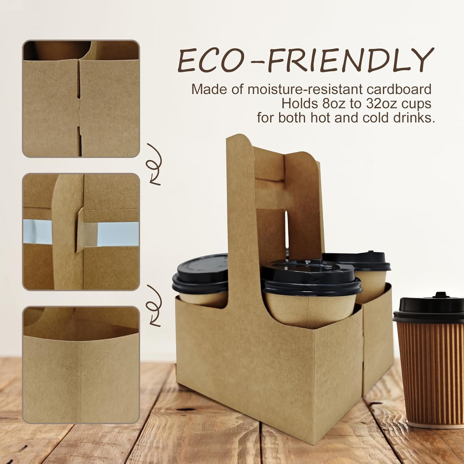 Logo Personalizado 15pcs Soporte de Cartón Desechable Plegable para 2 o 4 Tazas con Asa, Transportador de Bebidas para Cafés o Bebidas Frías, Marca Blanca de Proveedor.