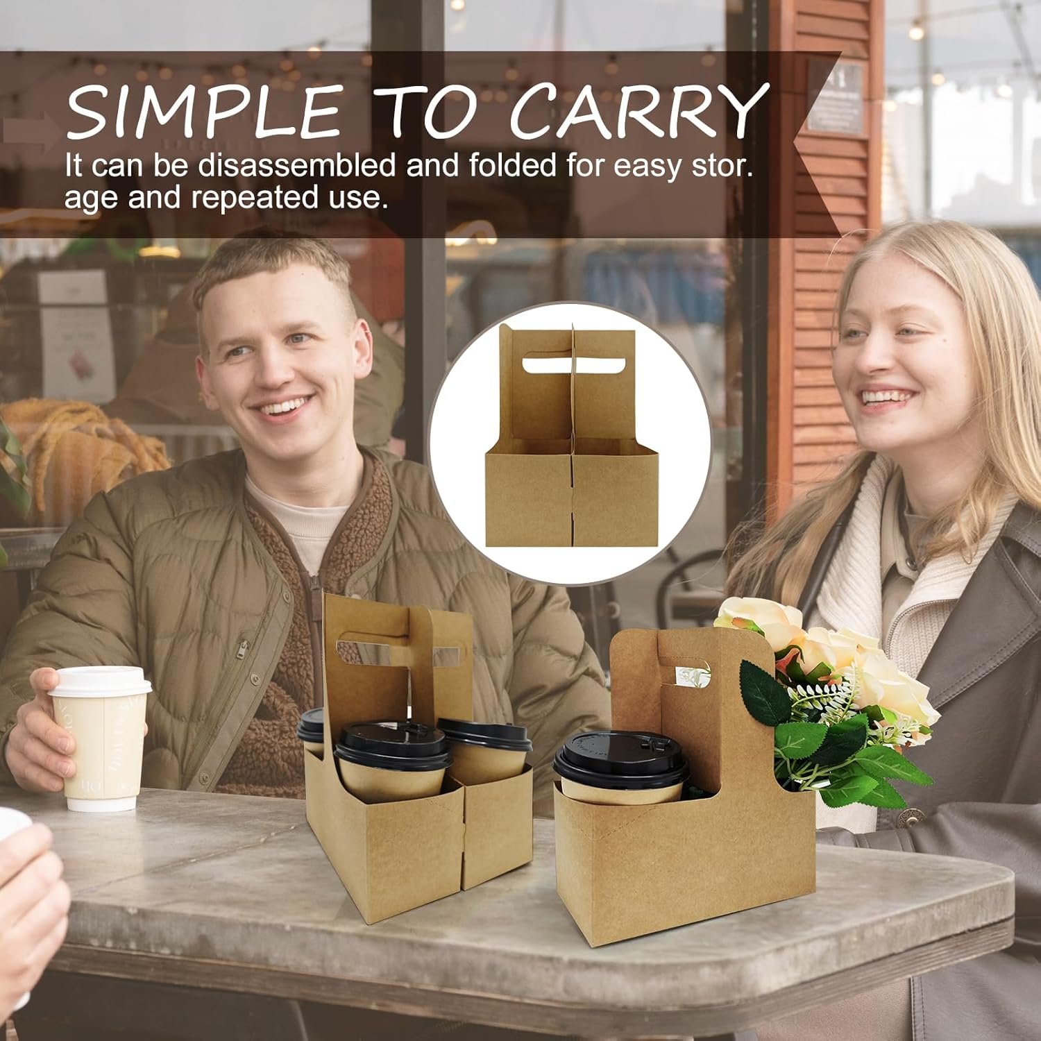 Logo Personalizado 15pcs Soporte de Cartón Desechable Plegable para 2 o 4 Tazas con Asa, Transportador de Bebidas para Cafés o Bebidas Frías, Marca Blanca de Proveedor.