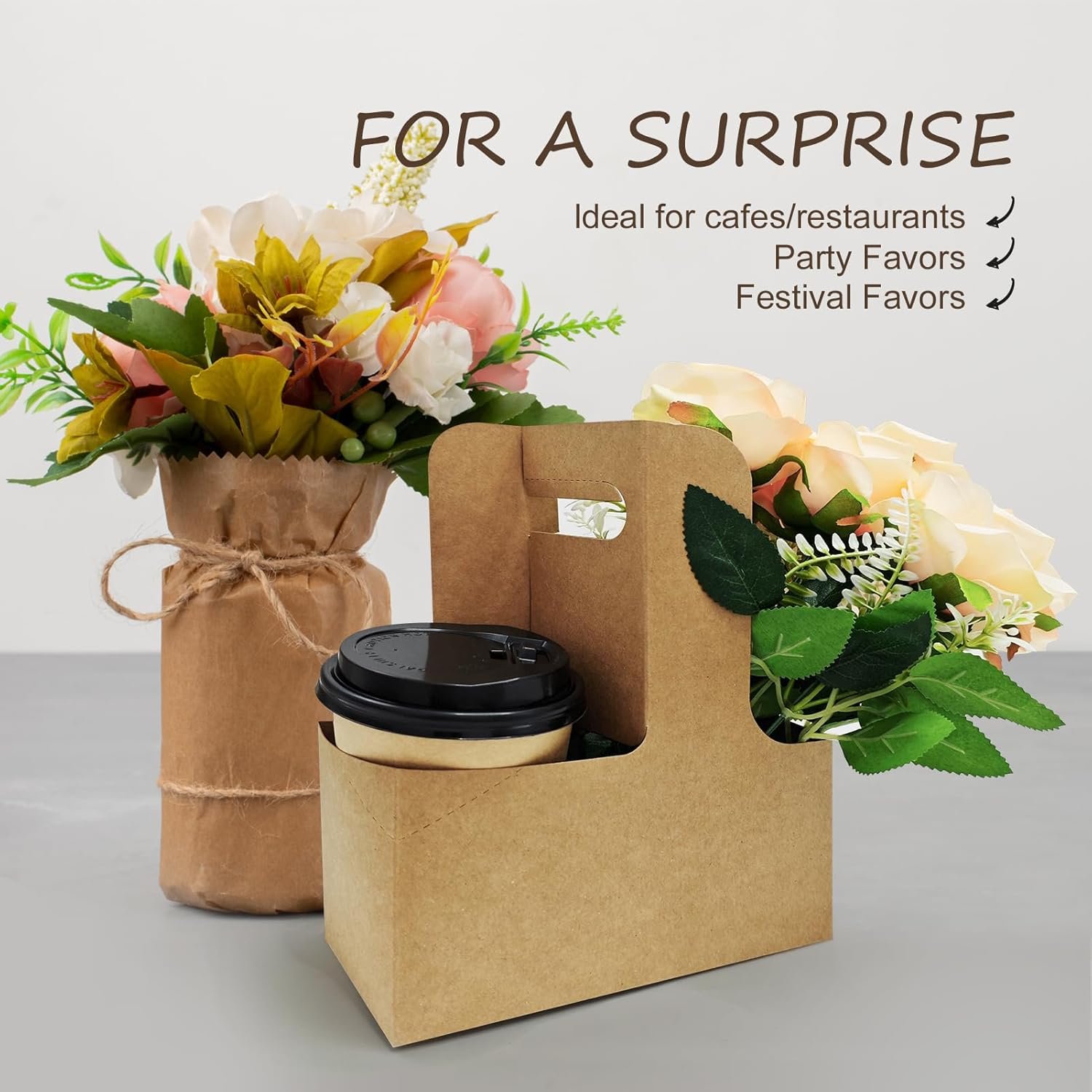 Logo Personalizado 15pcs Soporte de Cartón Desechable Plegable para 2 o 4 Tazas con Asa, Transportador de Bebidas para Cafés o Bebidas Frías, Marca Blanca de Proveedor.