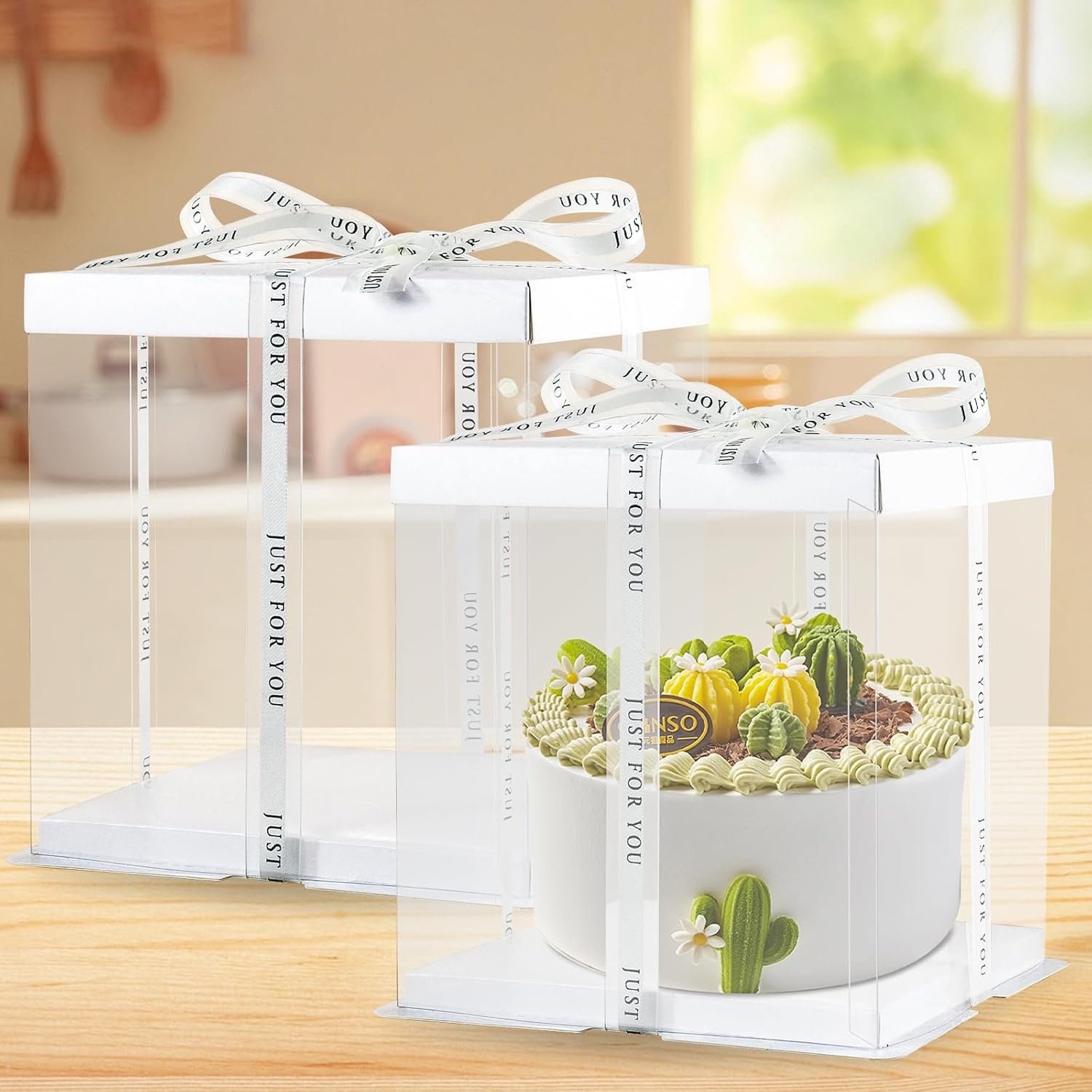 Caja de pastel transparente con cinta y logo personalizado, 8 piezas, caja de transporte de pastel de 2 capas 10x10x9 pulgadas, cajas de regalo claras para cumpleaños y bodas de marca blanca, proveedor de packaging.