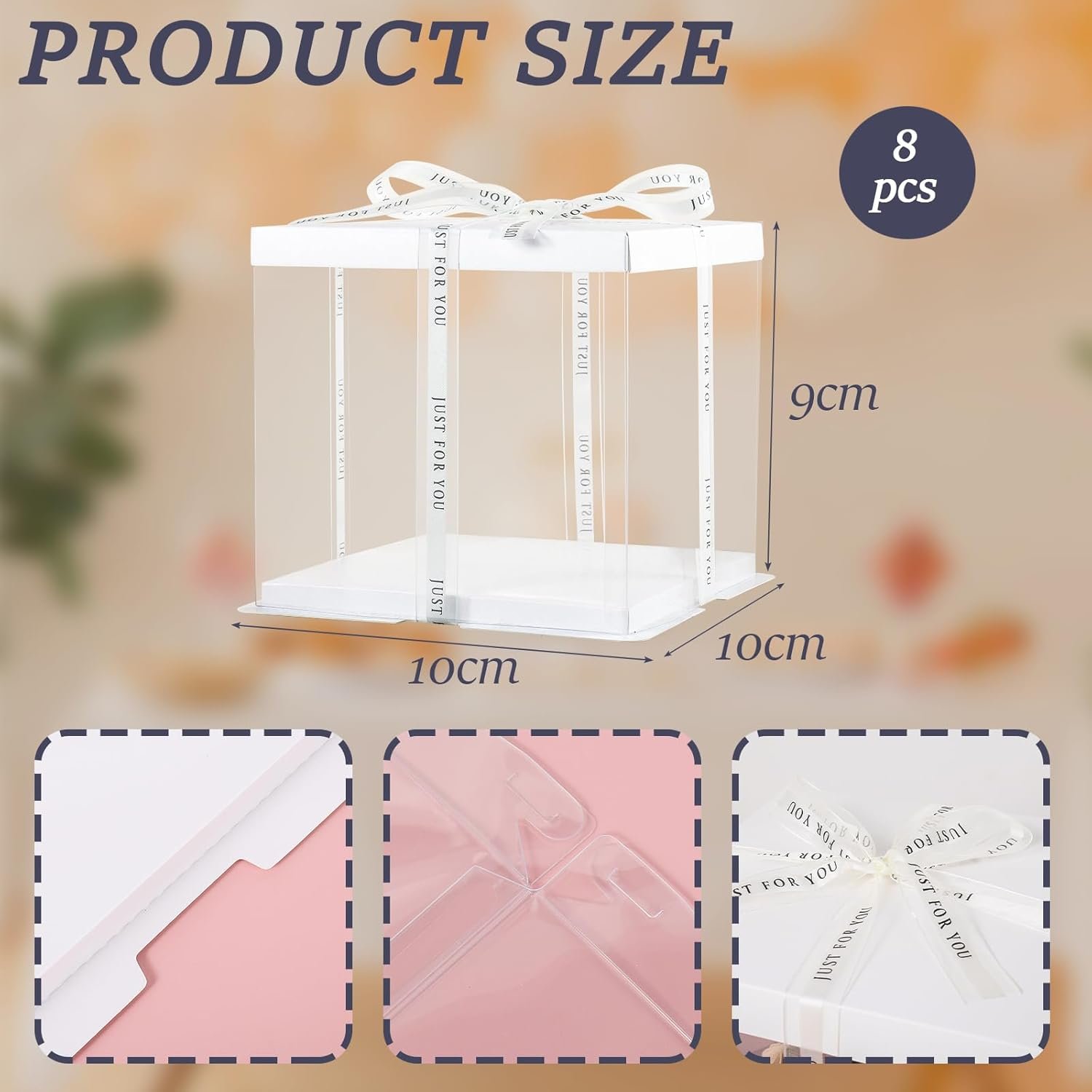 Caja de pastel transparente con cinta y logo personalizado, 8 piezas, caja de transporte de pastel de 2 capas 10x10x9 pulgadas, cajas de regalo claras para cumpleaños y bodas de marca blanca, proveedor de packaging.