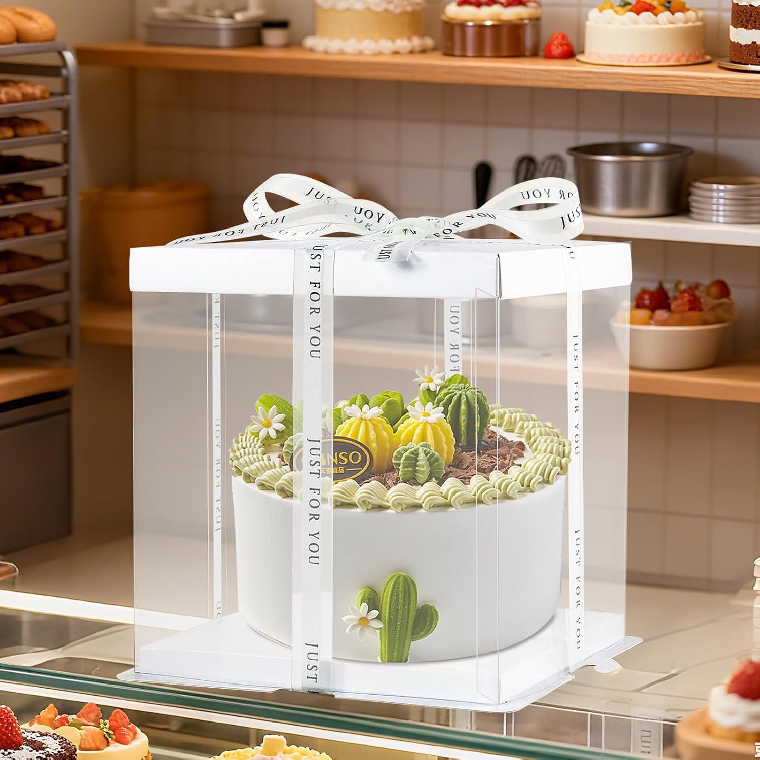Caja de pastel transparente con cinta y logo personalizado, 8 piezas, caja de transporte de pastel de 2 capas 10x10x9 pulgadas, cajas de regalo claras para cumpleaños y bodas de marca blanca, proveedor de packaging.