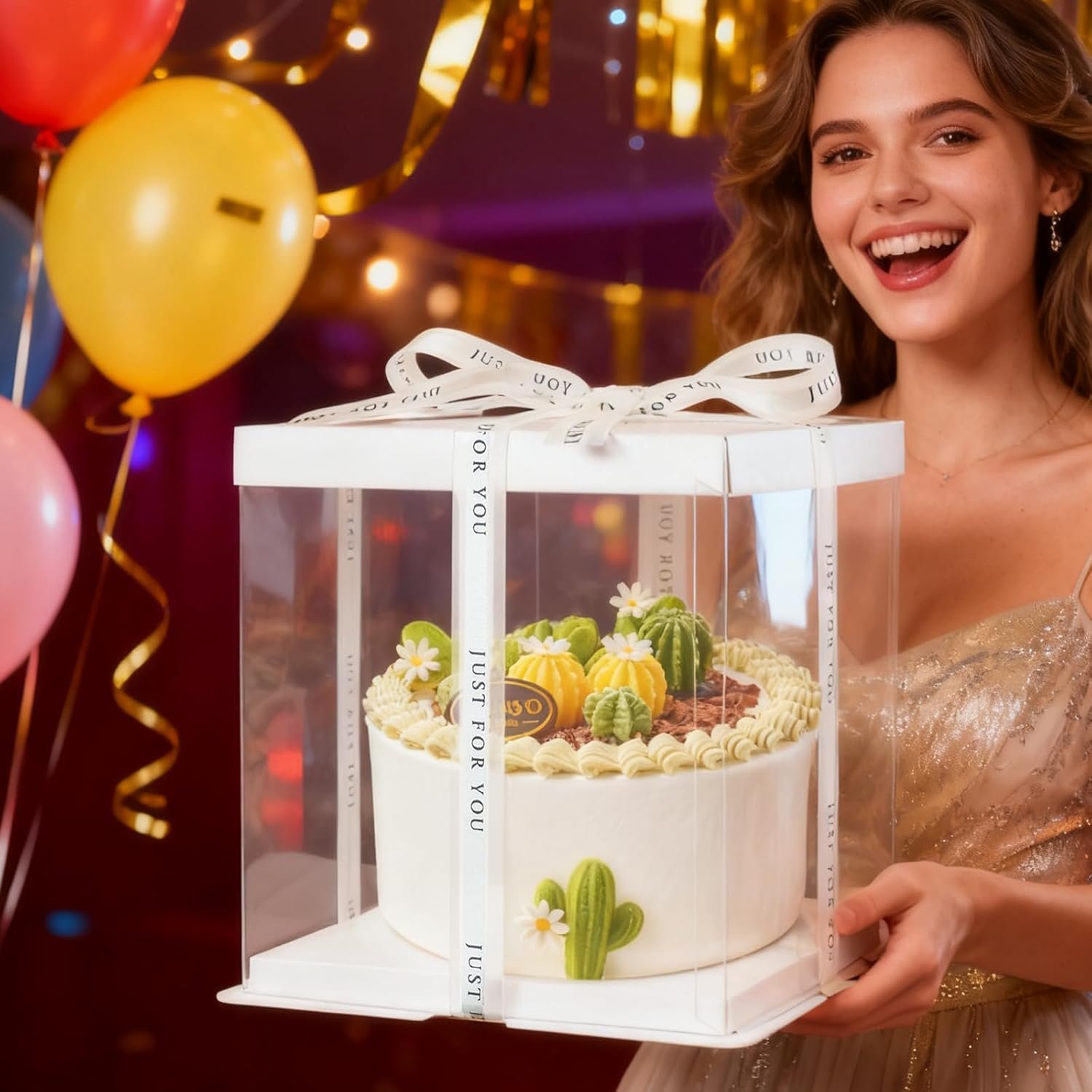 Caja de pastel transparente con cinta y logo personalizado, 8 piezas, caja de transporte de pastel de 2 capas 10x10x9 pulgadas, cajas de regalo claras para cumpleaños y bodas de marca blanca, proveedor de packaging.