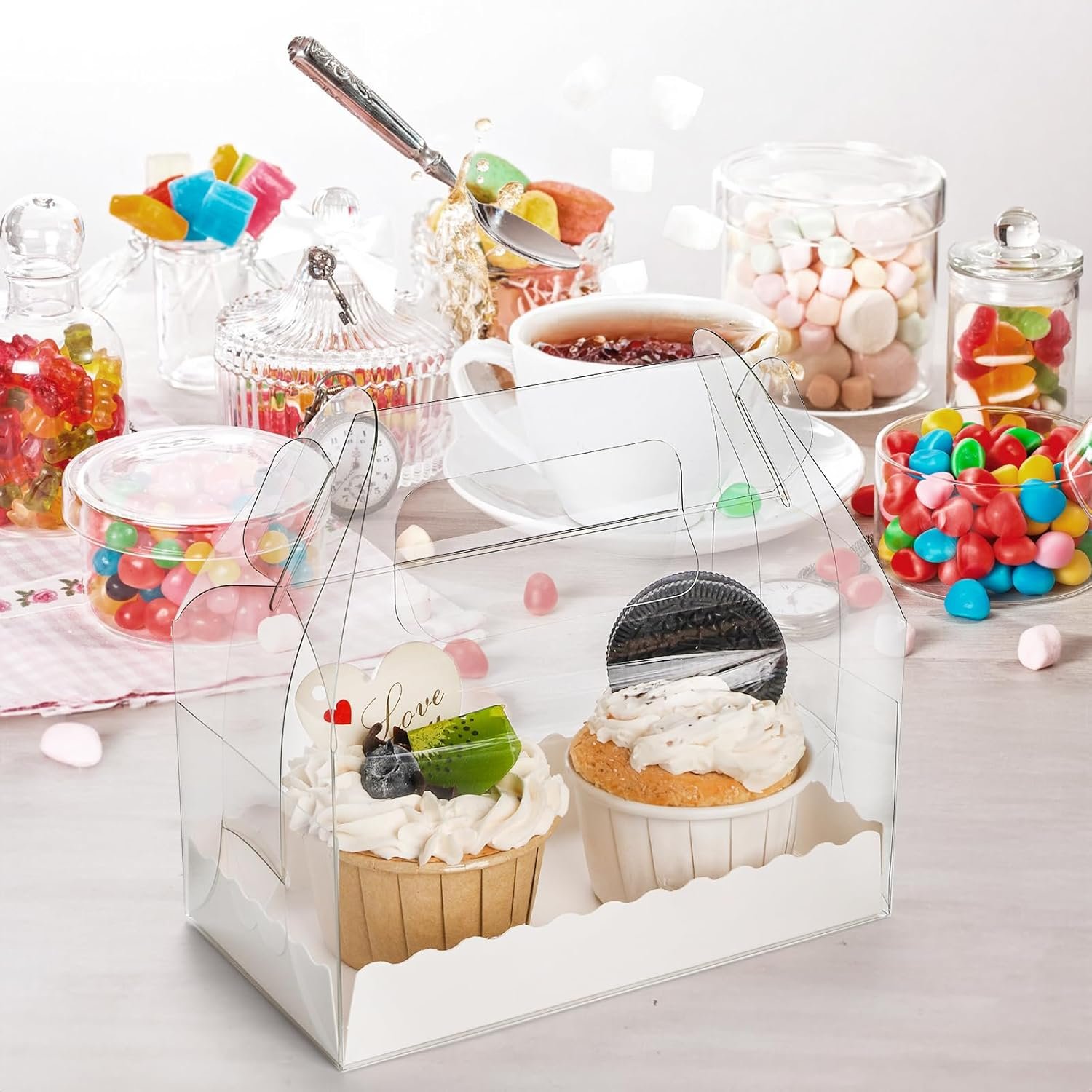 Caja de regalo de pastelería transparente de 40 unidades con logo personalizado, cajas para dulces con asa, contenedor para galletas y postres de fiesta para cumpleaños, bodas y baby shower, 6.4''L x 3.5''W x 3.3''H, proveedor.
