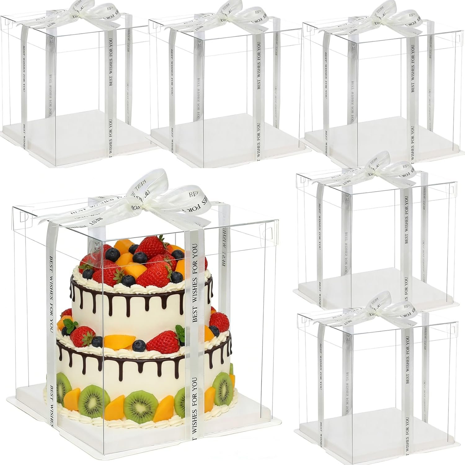 Caja de pasteles transparente de 6 piezas con logo personalizado, portacakes de 2 capas de 10" x 10" x 9" para postres y pan, ideal para fiestas de cumpleaños, bodas y graduaciones, marca blanca del fabricante.