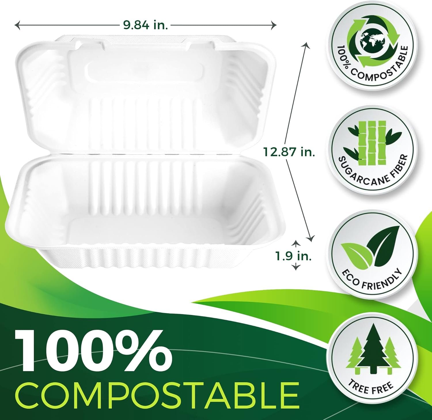 Logo Personalizado 75 Pack de Contenedores para Llevar 9”x6” con Tapas, Extra Resistente, 100% Compostables, Contenedores Clamshell, Proveedor de Cajas para Alimentos, Marca Blanca Logo Personalizado 75 Pack de Contenedores para Llevar 9”x6” con Tapas, Extra Resistente, 100% Compostables, Contenedores Clamshell, Proveedor de Cajas para Alimentos, Marca Blanca