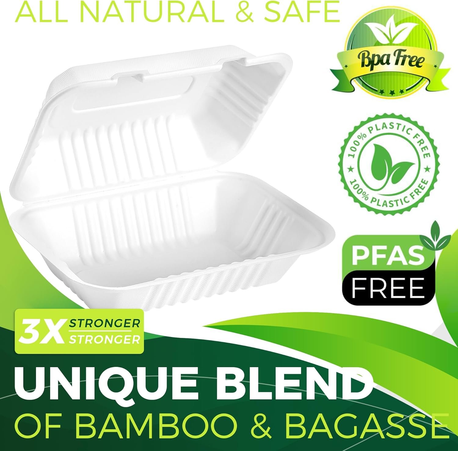 Logo Personalizado 75 Pack de Contenedores para Llevar 9”x6” con Tapas, Extra Resistente, 100% Compostables, Contenedores Clamshell, Proveedor de Cajas para Alimentos, Marca Blanca Logo Personalizado 75 Pack de Contenedores para Llevar 9”x6” con Tapas, Extra Resistente, 100% Compostables, Contenedores Clamshell, Proveedor de Cajas para Alimentos, Marca Blanca