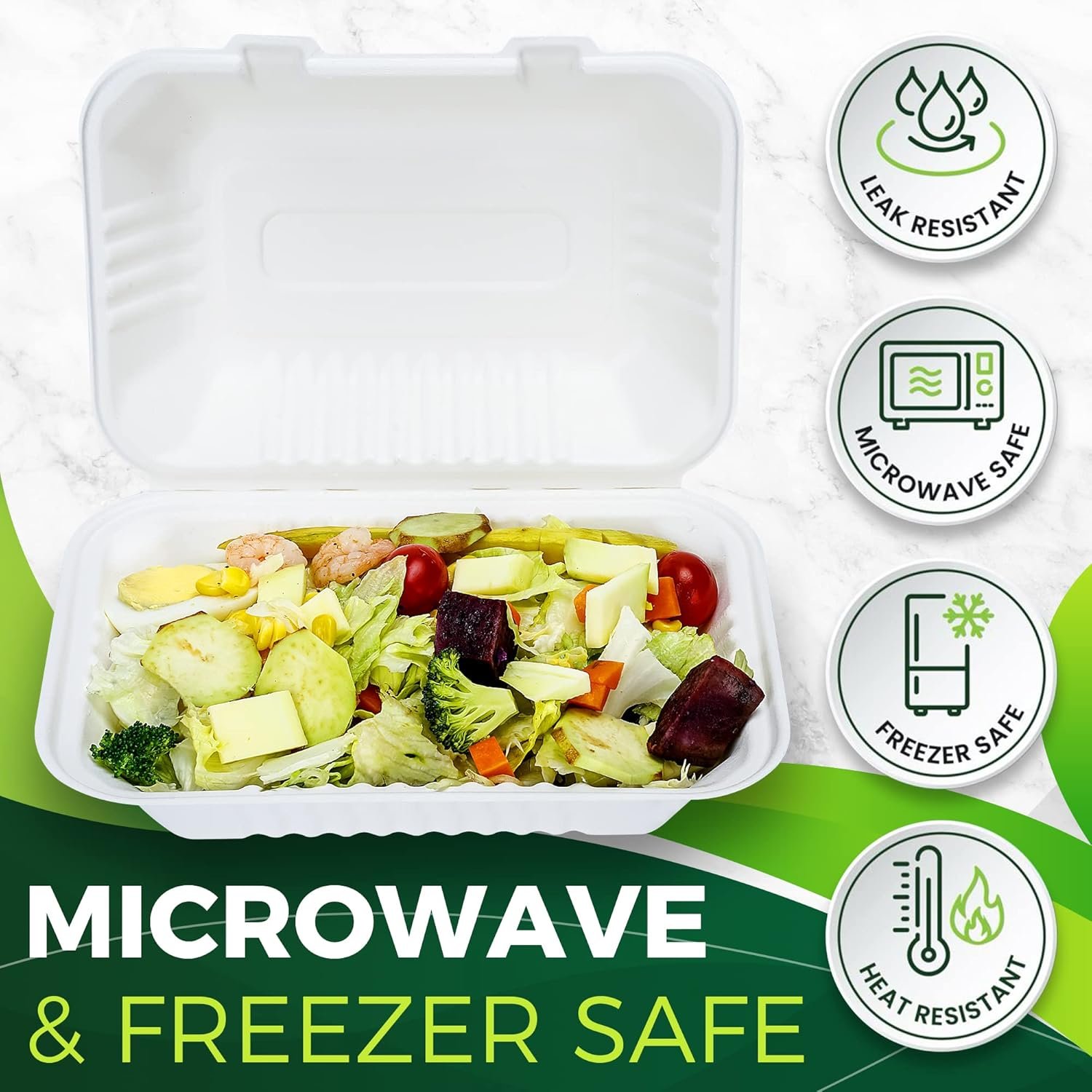 Logo Personalizado 75 Pack de Contenedores para Llevar 9”x6” con Tapas, Extra Resistente, 100% Compostables, Contenedores Clamshell, Proveedor de Cajas para Alimentos, Marca Blanca Logo Personalizado 75 Pack de Contenedores para Llevar 9”x6” con Tapas, Extra Resistente, 100% Compostables, Contenedores Clamshell, Proveedor de Cajas para Alimentos, Marca Blanca