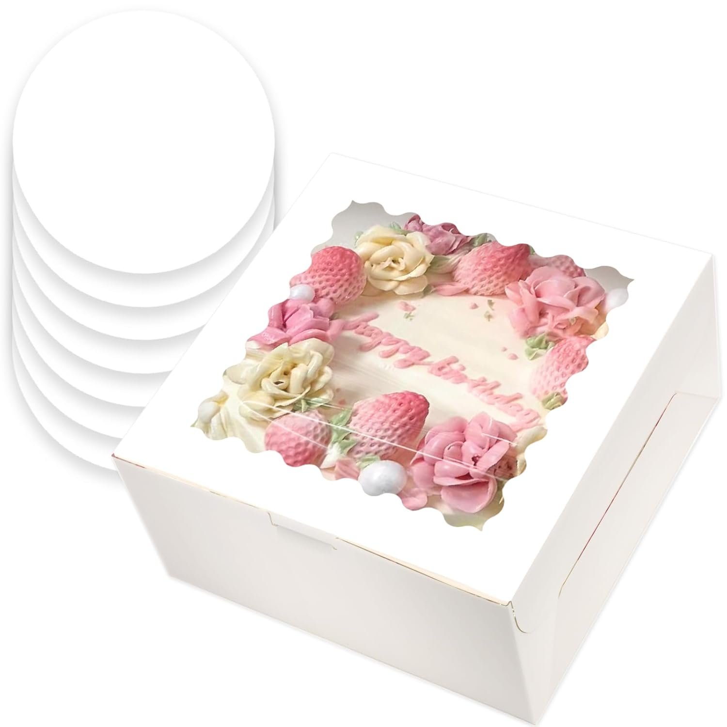 Caja de Pasteles 10x10x5 con Ventana, 4 Unidades de Caja Blanca y 4 Unidades de Tablero Redondo Blanco de 10", Logo Personalizado, Proveedor de Envases para Repostería.