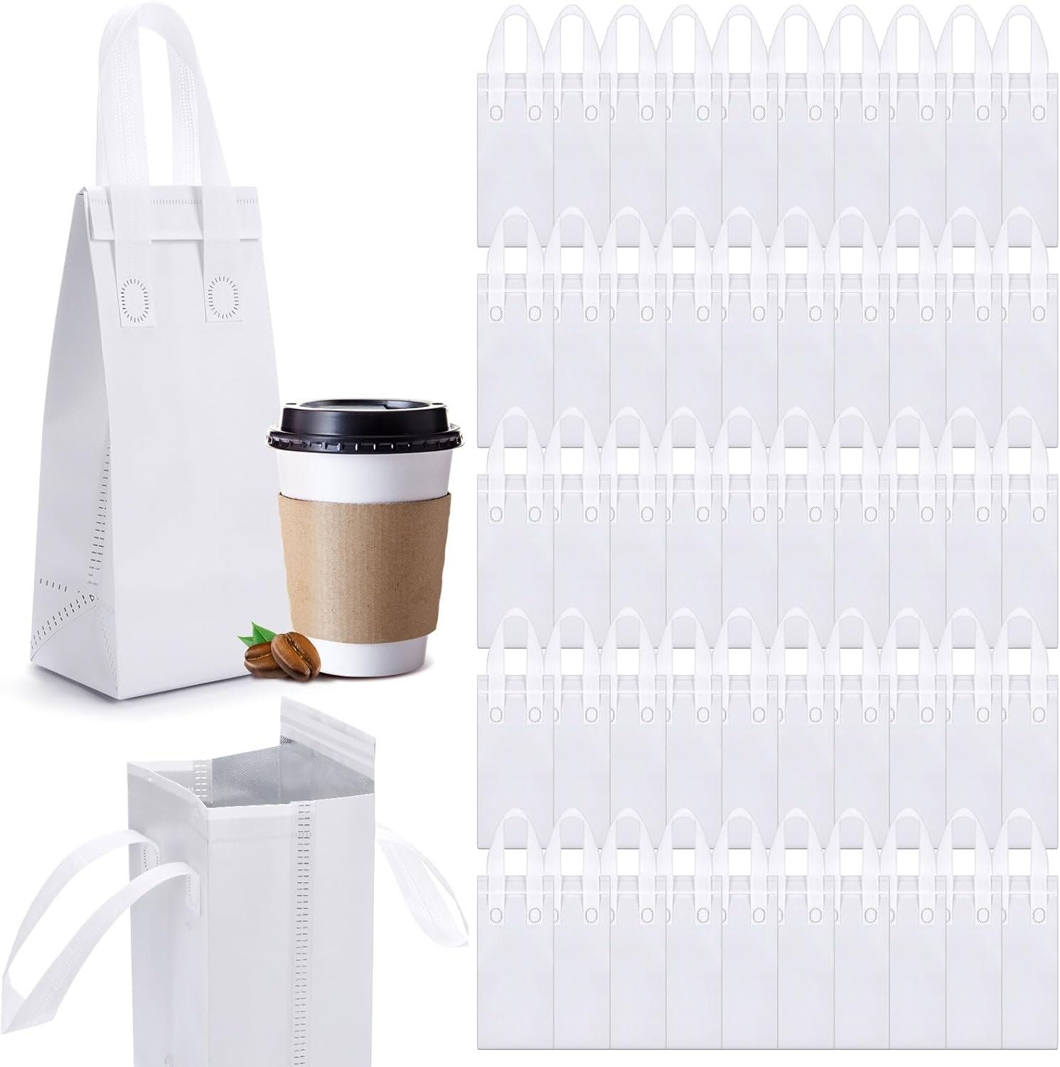 Logo Personalizado 50 Pcs Bolsas Térmicas de Transporte para Bebidas en Taza con Asa Reutilizables para Café para Llevar, Marca Blanca, Proveedor de Fábrica para Bebidas Calientes y Frías