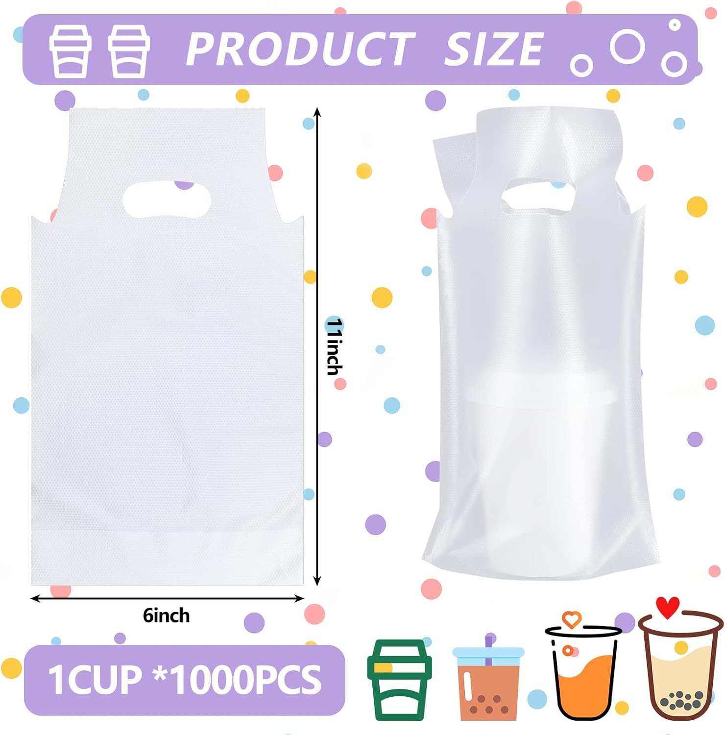 Logo Personalizado Transportador de Bebidas 1000 PCS, Bolsa de Plástico con Asa para un Solo Vaso, Contenedor Portátil para Café, Jugo y Bebidas, 6 x 11 Pulgadas, Proveedor de Fábrica.