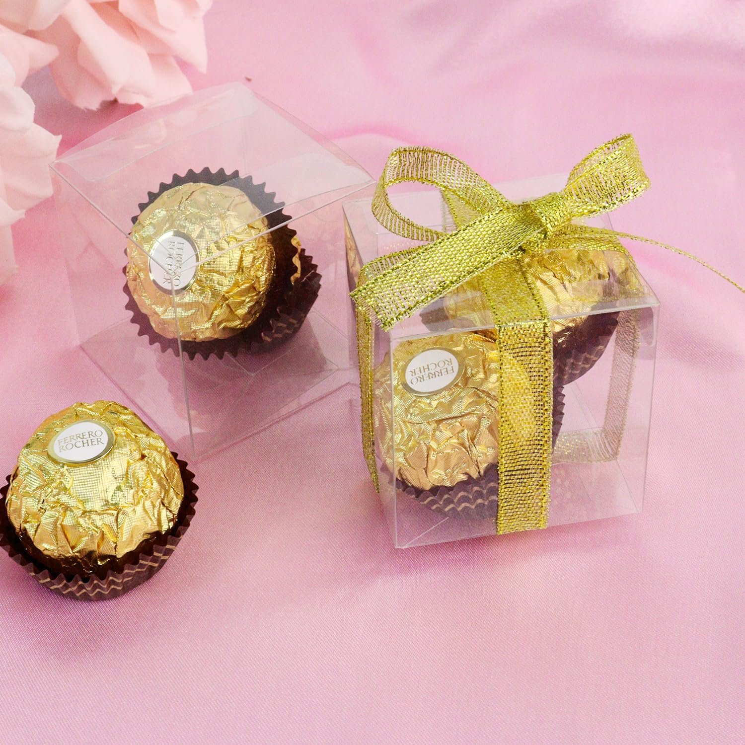 Logo Personalizado Cajas de Dulces Transparentes de 50 Piezas, 2x2x2 Pulgadas, Cajas de Regalo de Plástico con Cinta, Cajas de Favor para Golosinas, Marca Blanca Proveedor