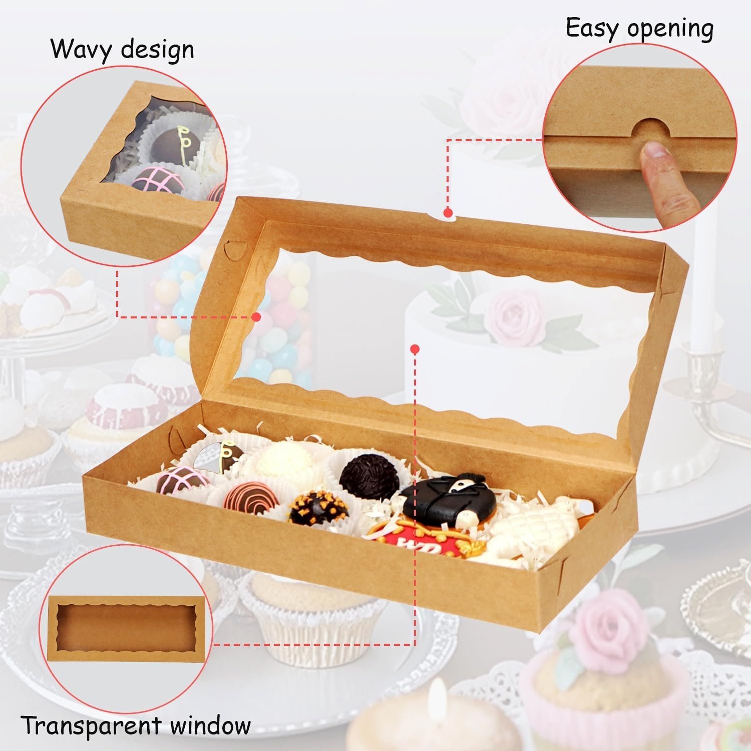 Cajas de galletas con ventana de 50PCS 12x5x1.5 pulgadas, cajas de macarrones, cajas de chocolates trufas y cajas de donas para Navidad, Día de San Valentín, Pascua y Día de la Madre, Marca Blanca, Proveedor.